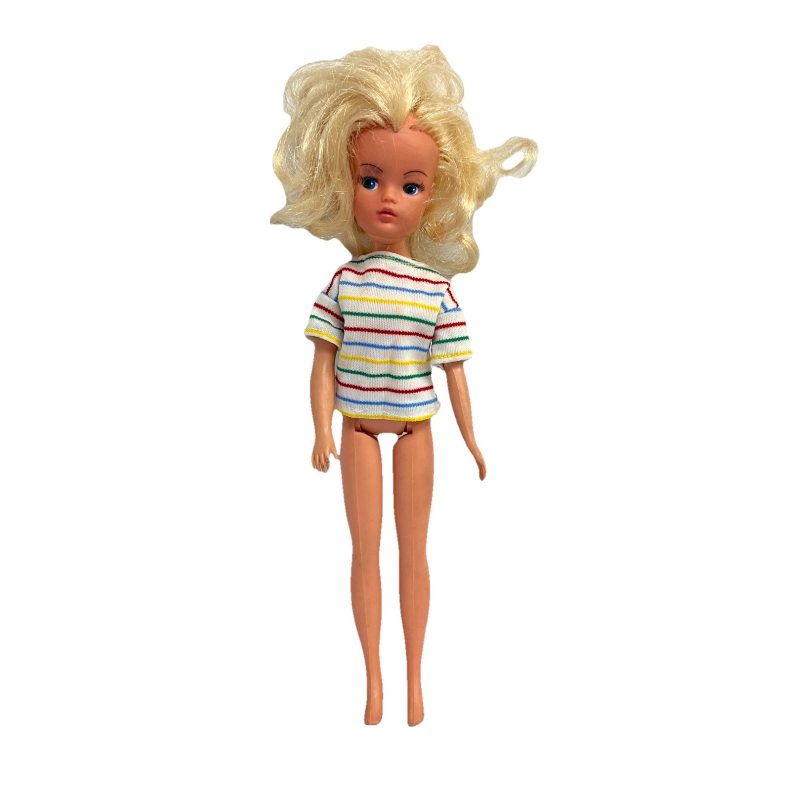 Vintage Sindy Doll Blonde Hair Blue Eyes In Multicoloured Striped Top Soft Head