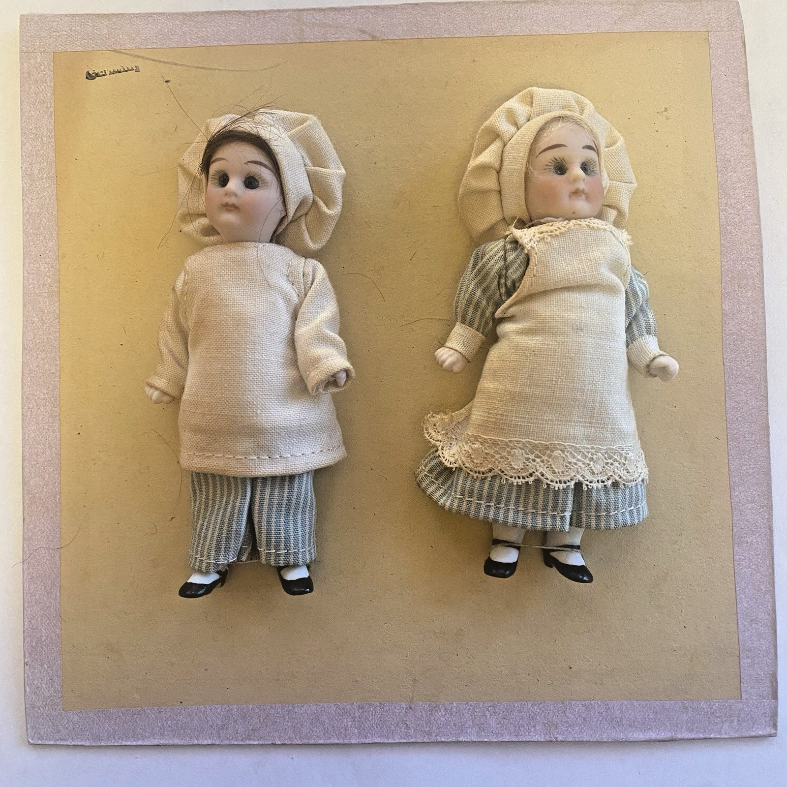 2 Hertwig Twin Doll Dolls Boy Girl Chef Baker Kitchen Antique Germany 3-1/2″ EXC