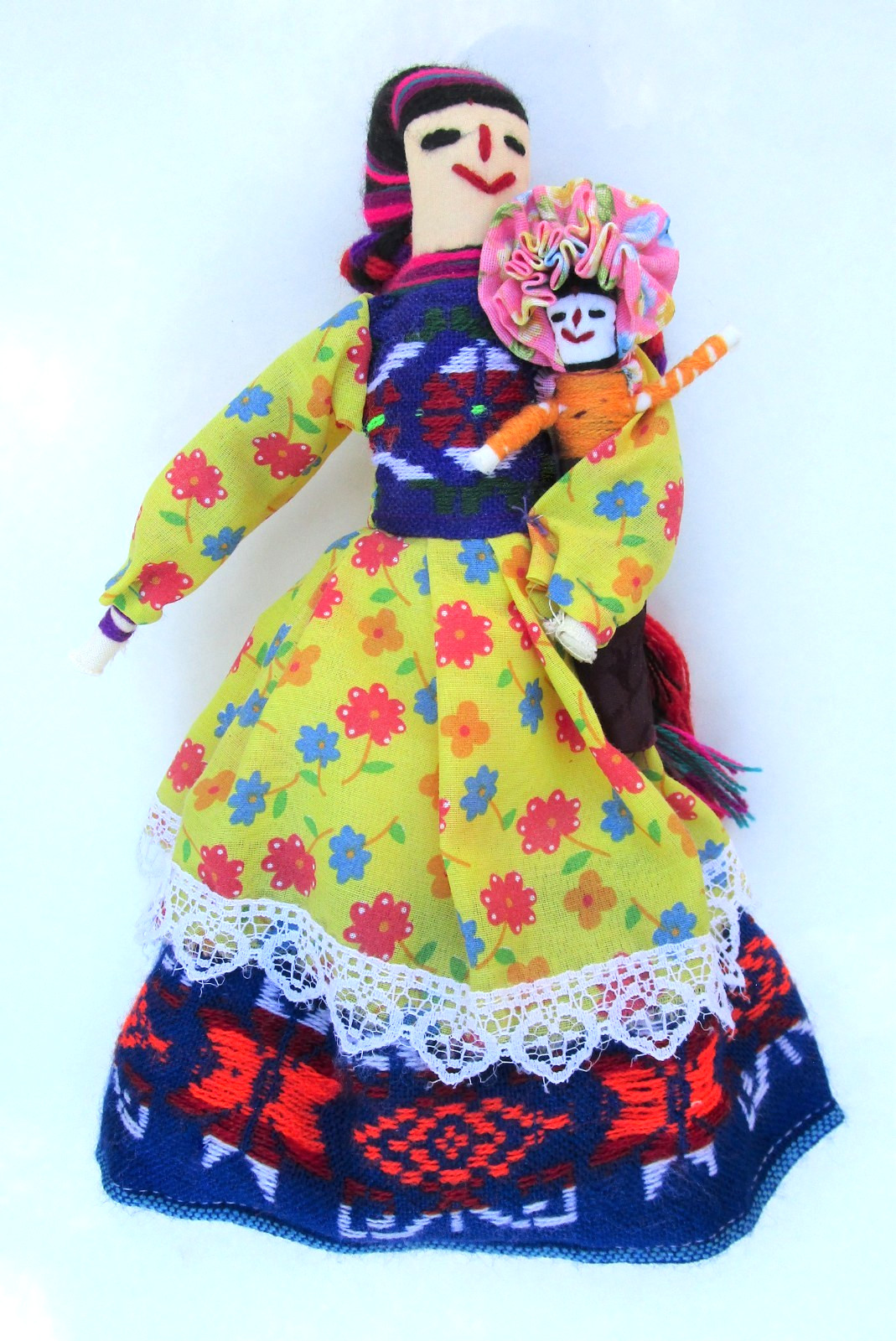 Folk Art Mexican Queretaro Cloth Doll Mom Baby Child Handmade by Otomi 10.75″