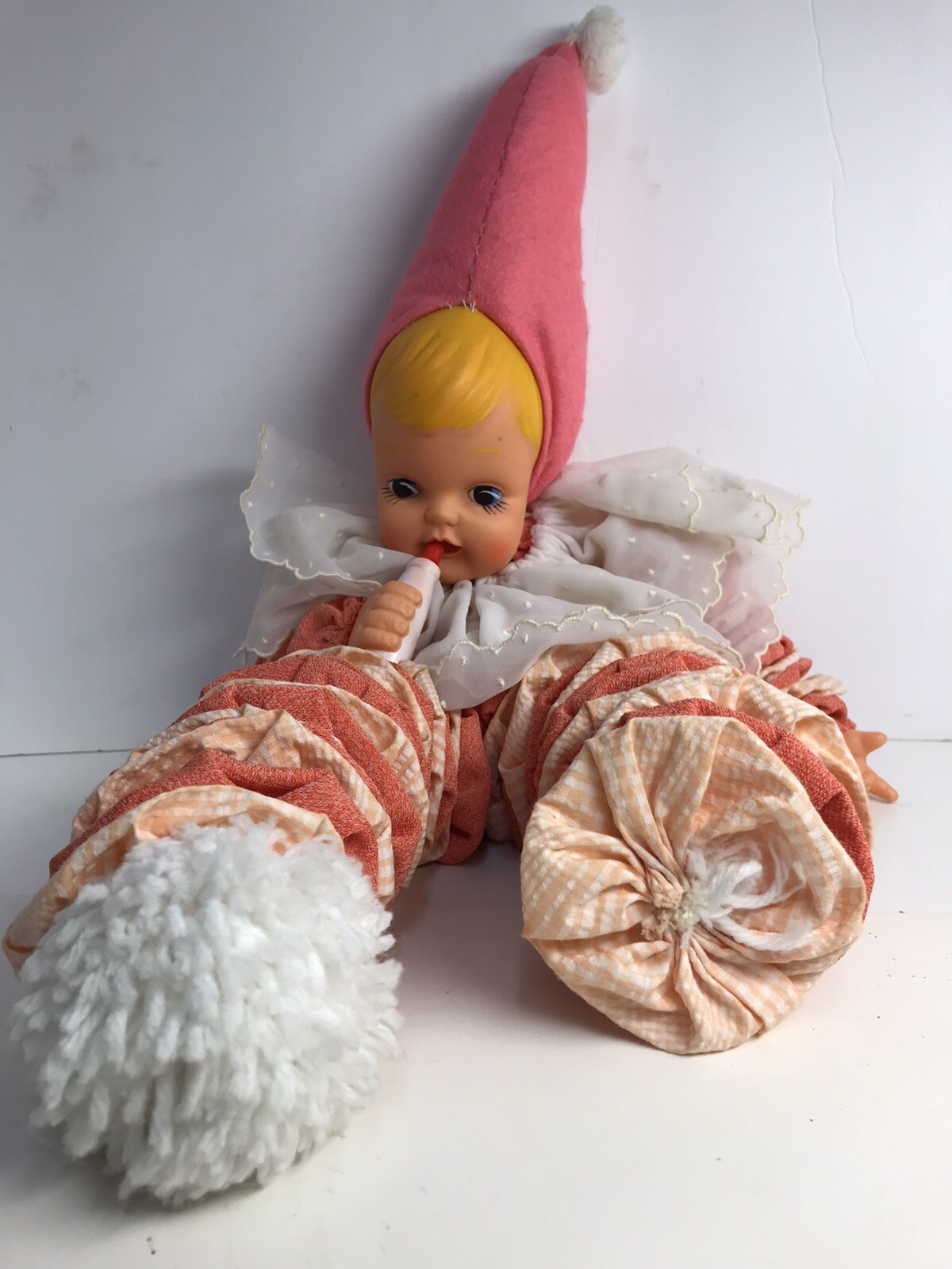 Yo Yo Fabric Rag Doll With Plastic Baby Face And Hands Pom Pom Feet 25” Vintage
