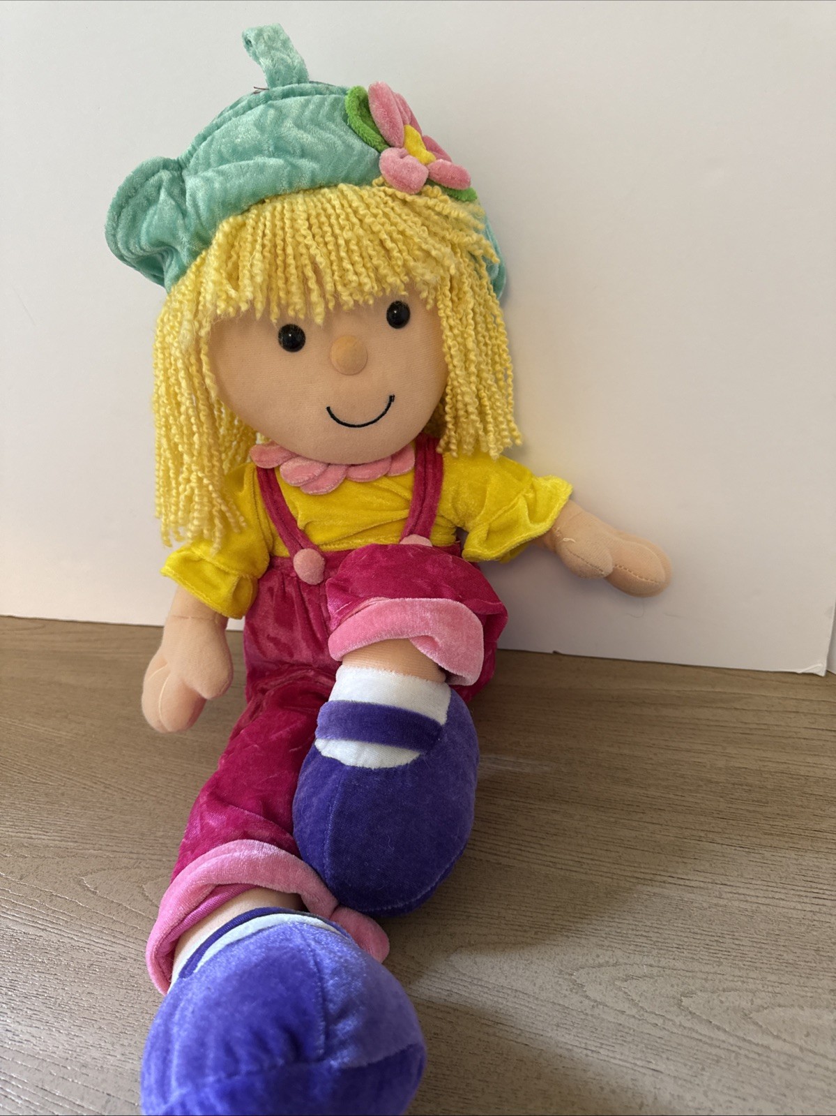 Goffa Doll Large 24 Inch Plush Pink Overalls Blonde Yarn Hair Vintage Y2K Rare
