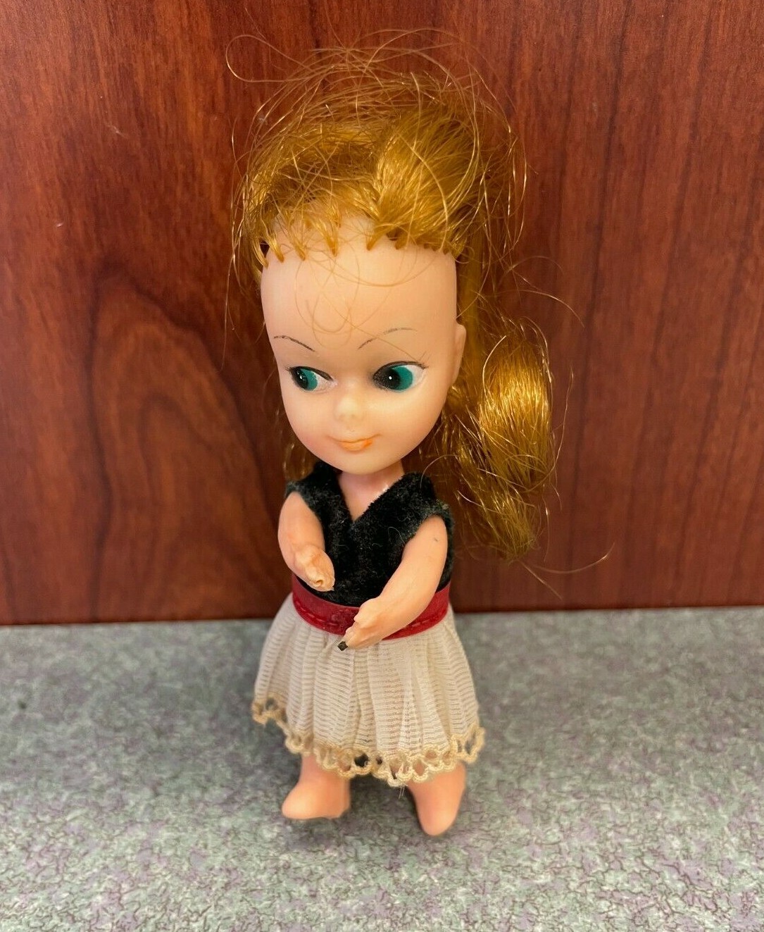 Vintage 3.5″ Rosenberg Rubber Vinyl Girl Doll Red Hair Black White Dress