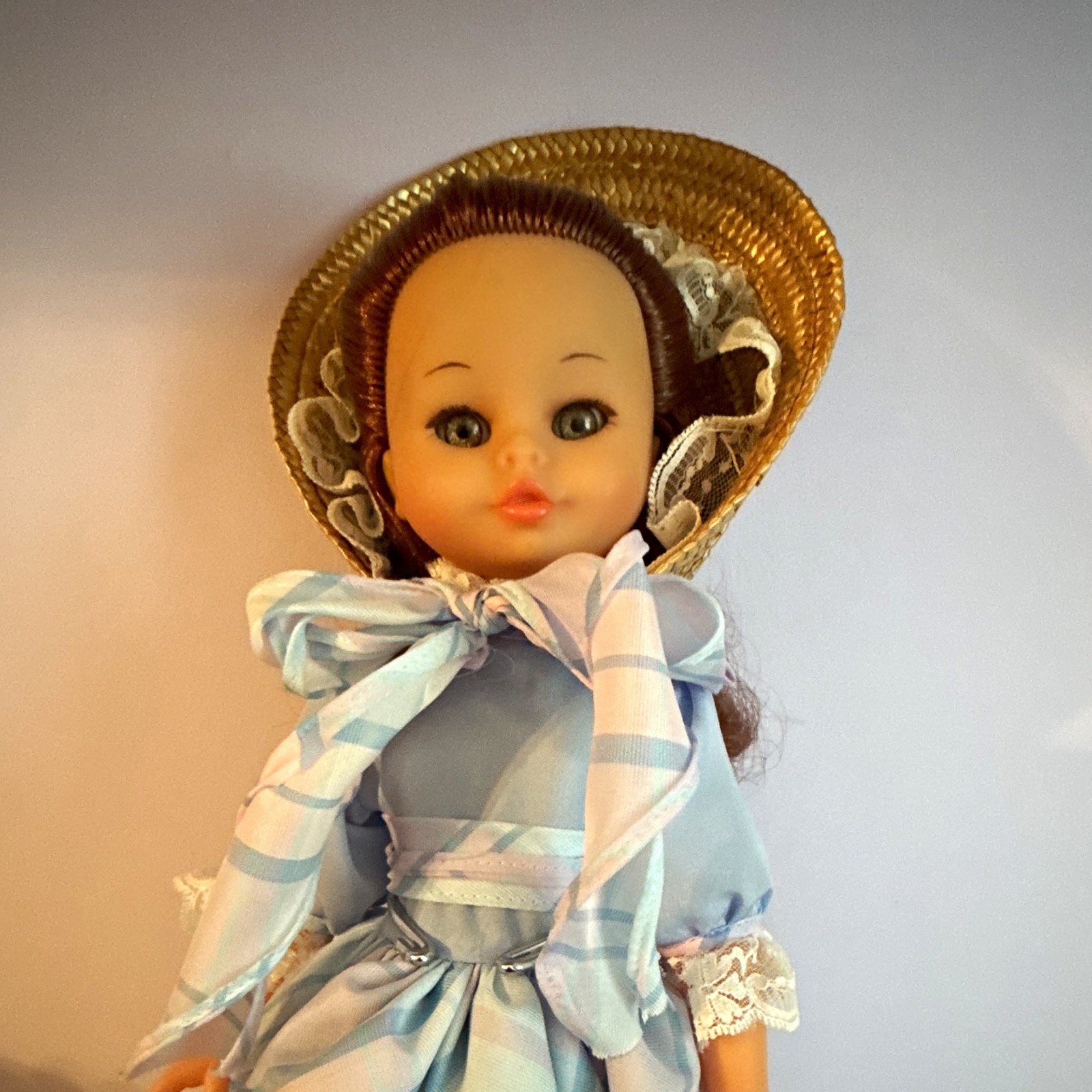 Furga Fashion Girl Doll Brown Curly Hair Blue Eyes Blue Dress Straw Hat MPN40013