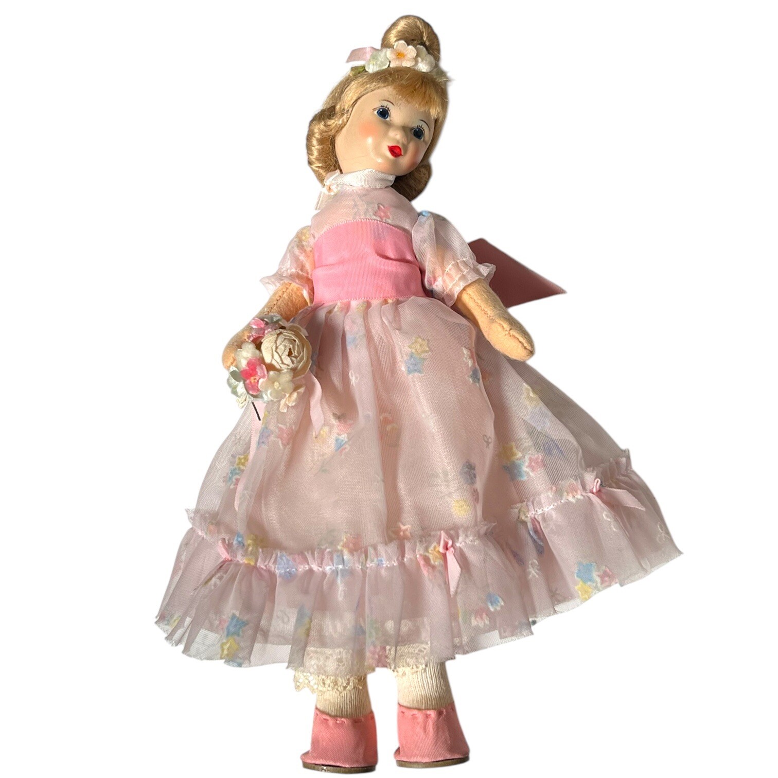 Artist Felt Cloth Composition Head Hand Painted Pink Dress Doll Flower Girl 9″