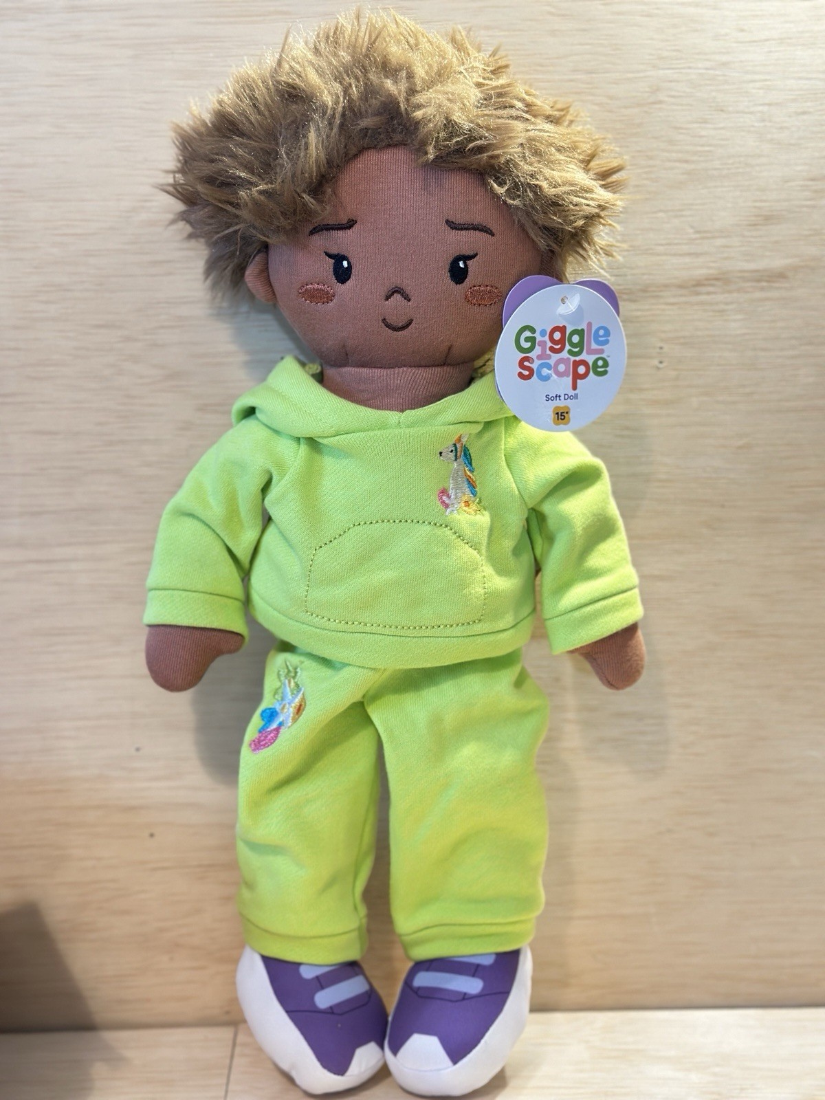 Gigglescape Soft AA Boy Doll in Lime Green Sweatsuit 15″ NWT