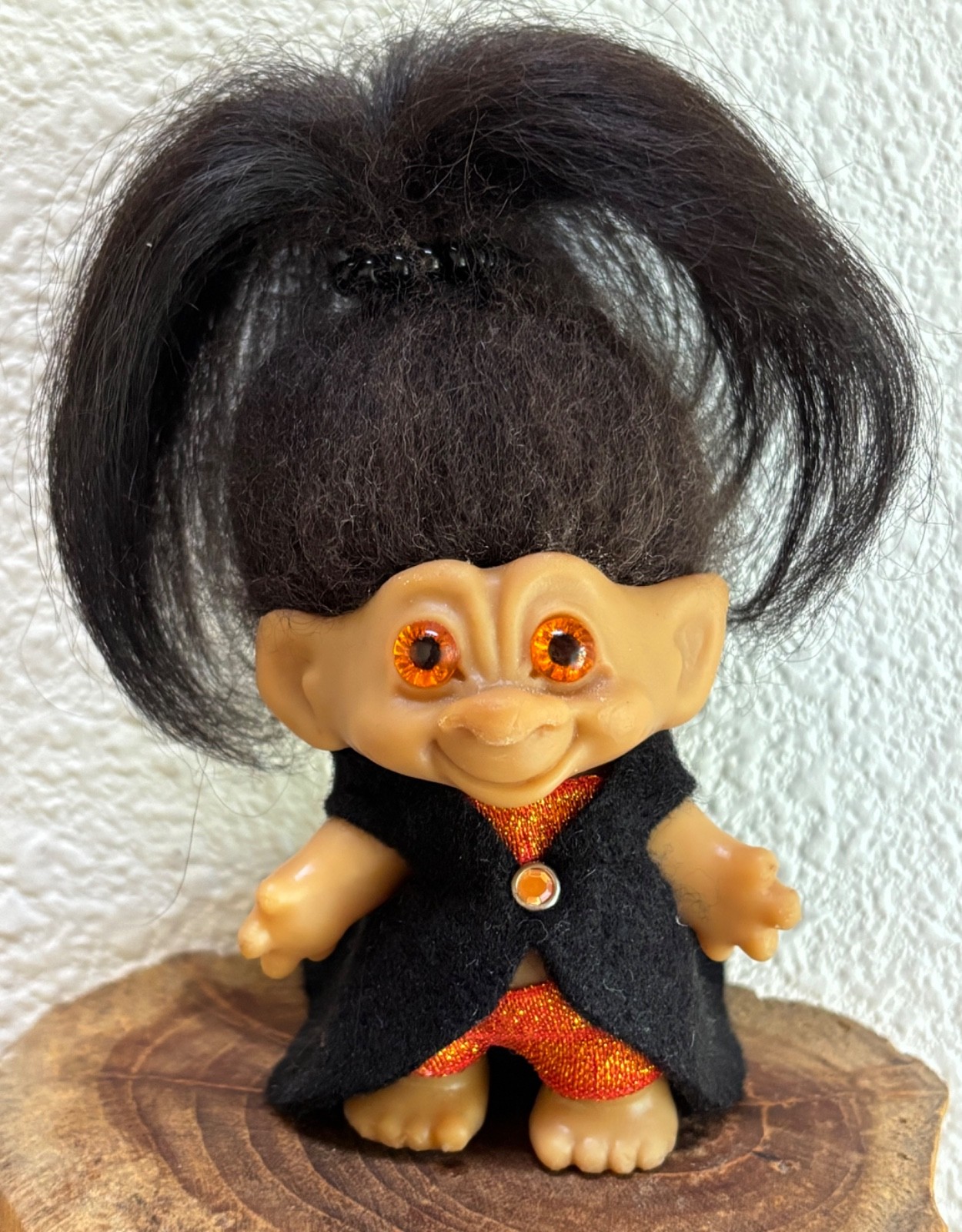 Vintage 1960s DAM Scandia Troll, Brown/Black Mohair, Bright Orange Spiral Eyes