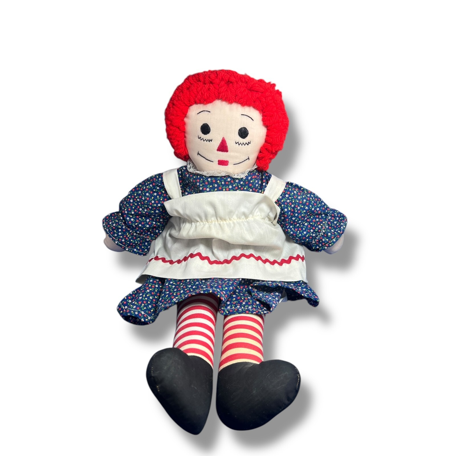 Vintage Raggedy Ann Style Cloth Doll 20″ – Red Yarn Hair, Floral Dress, 80s/90s
