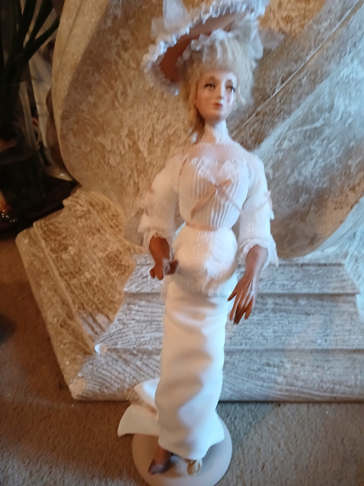 Fashion Doll Blonde Curly Hair Medium Complexion White Dress Outfit Hat Set