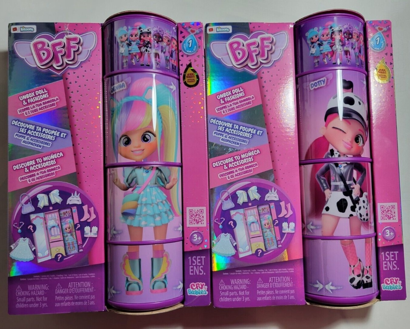 (2) BFF * CRY BABIES * UNBOX DOLL & FASHIONS * JENNA  & DOTTY * 8″ DOLLS