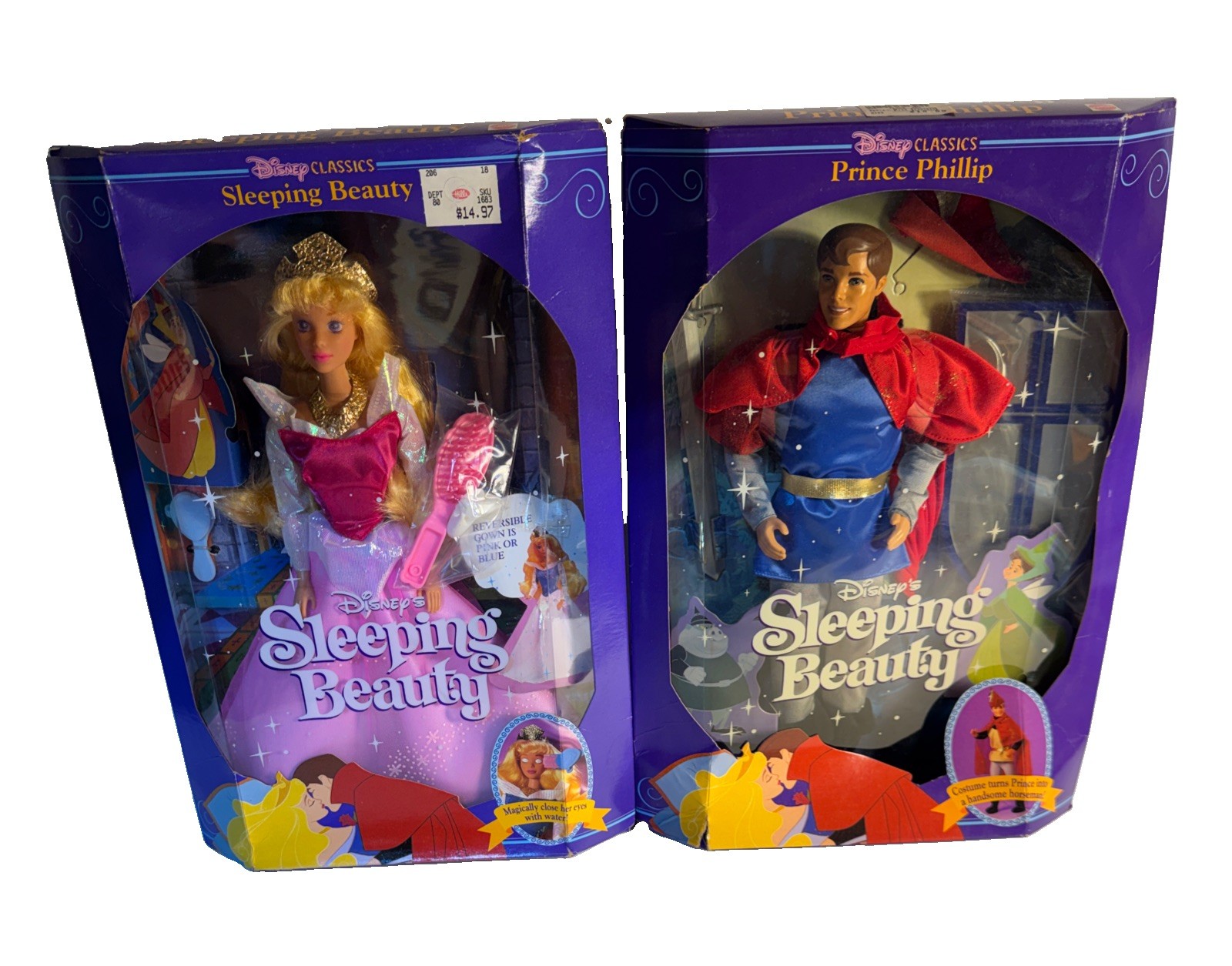 1991 Mattel Disney Classics Sleeping Beauty Doll Set Aurora Prince Phillip Worn