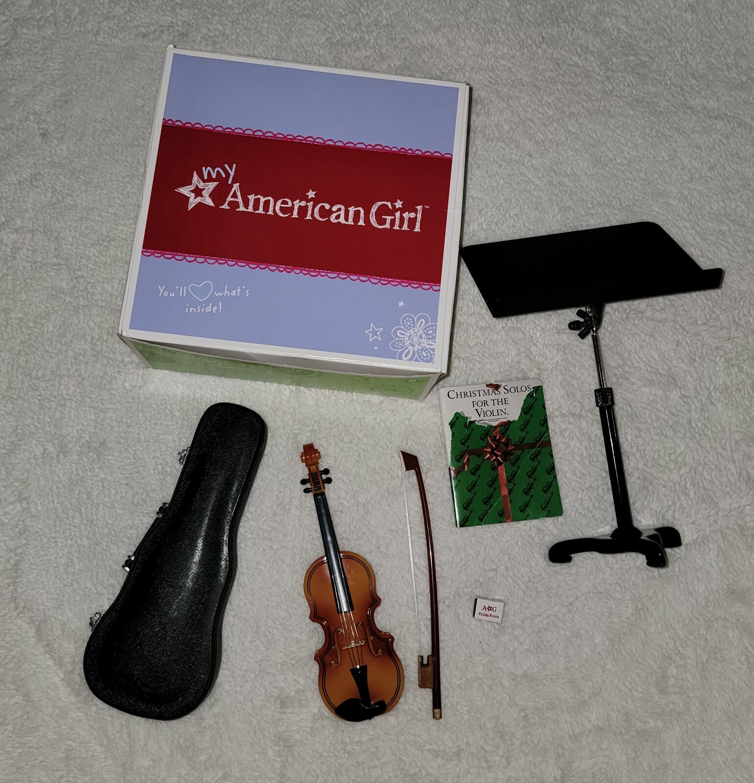 American Girl Violin Set Bow Rosin Block Case Stand Music Book