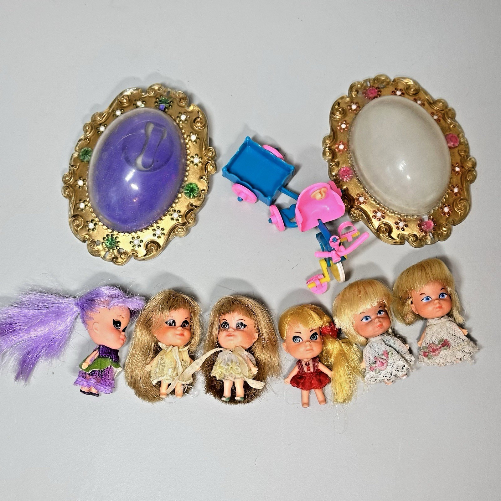 Vtg 6 Liddle Kiddles Lucky Lockets Lou’s Lorna, Larky’s, Violet Kolgone + Trike