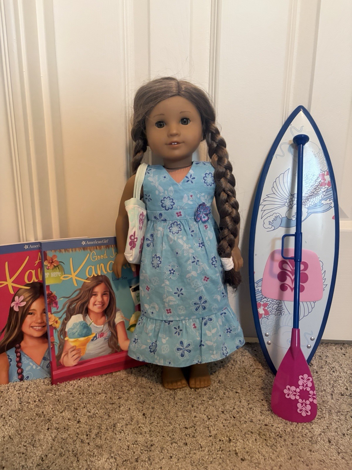 American Girl Doll-KANANI 18″ w/ Paddle board, Outfits, and Books & Plush Pets
