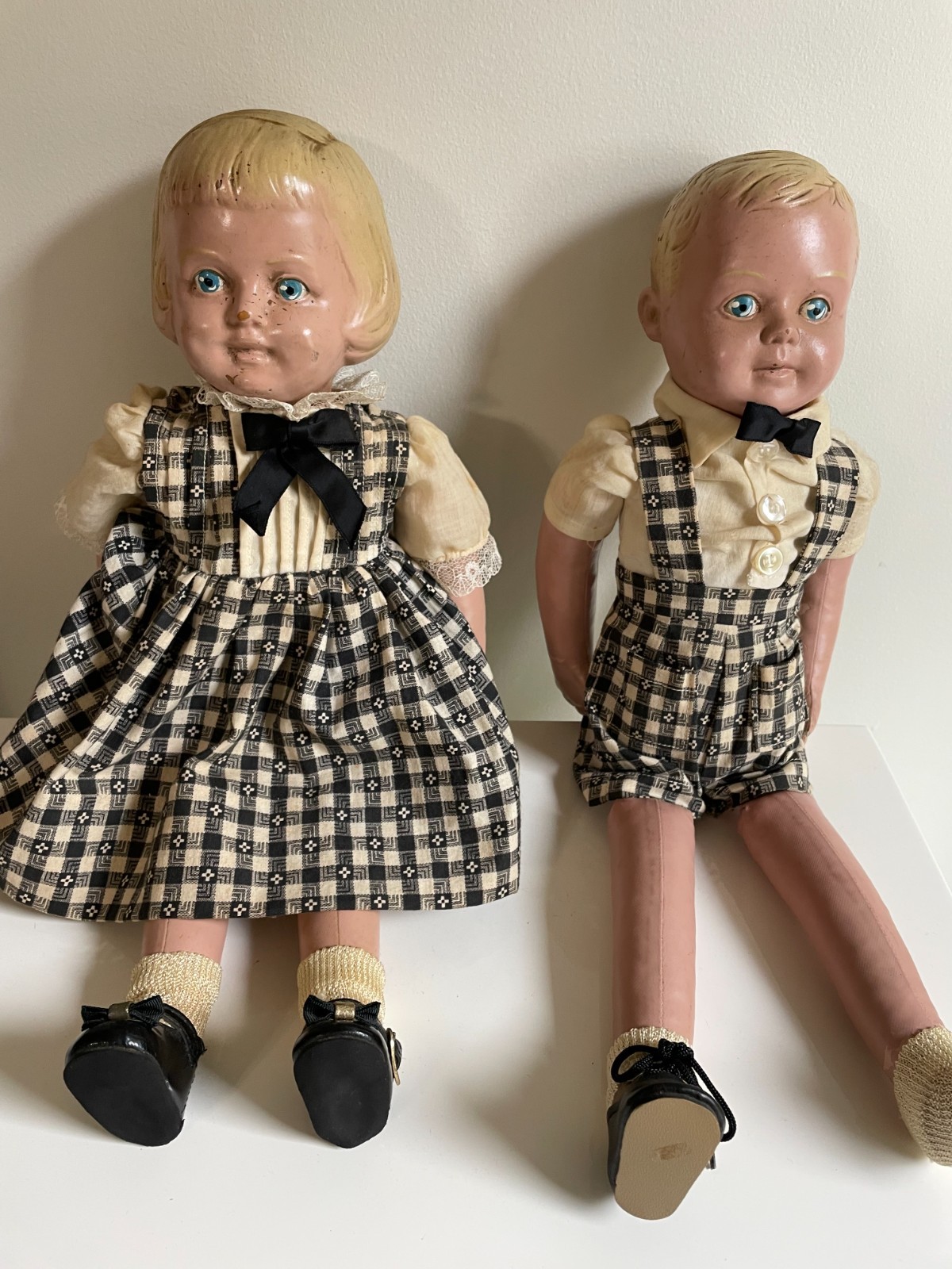 Vintage Martha Chase Boy and Girl matching Dolls Rubber Oil Cloth Body 16″ NICE!