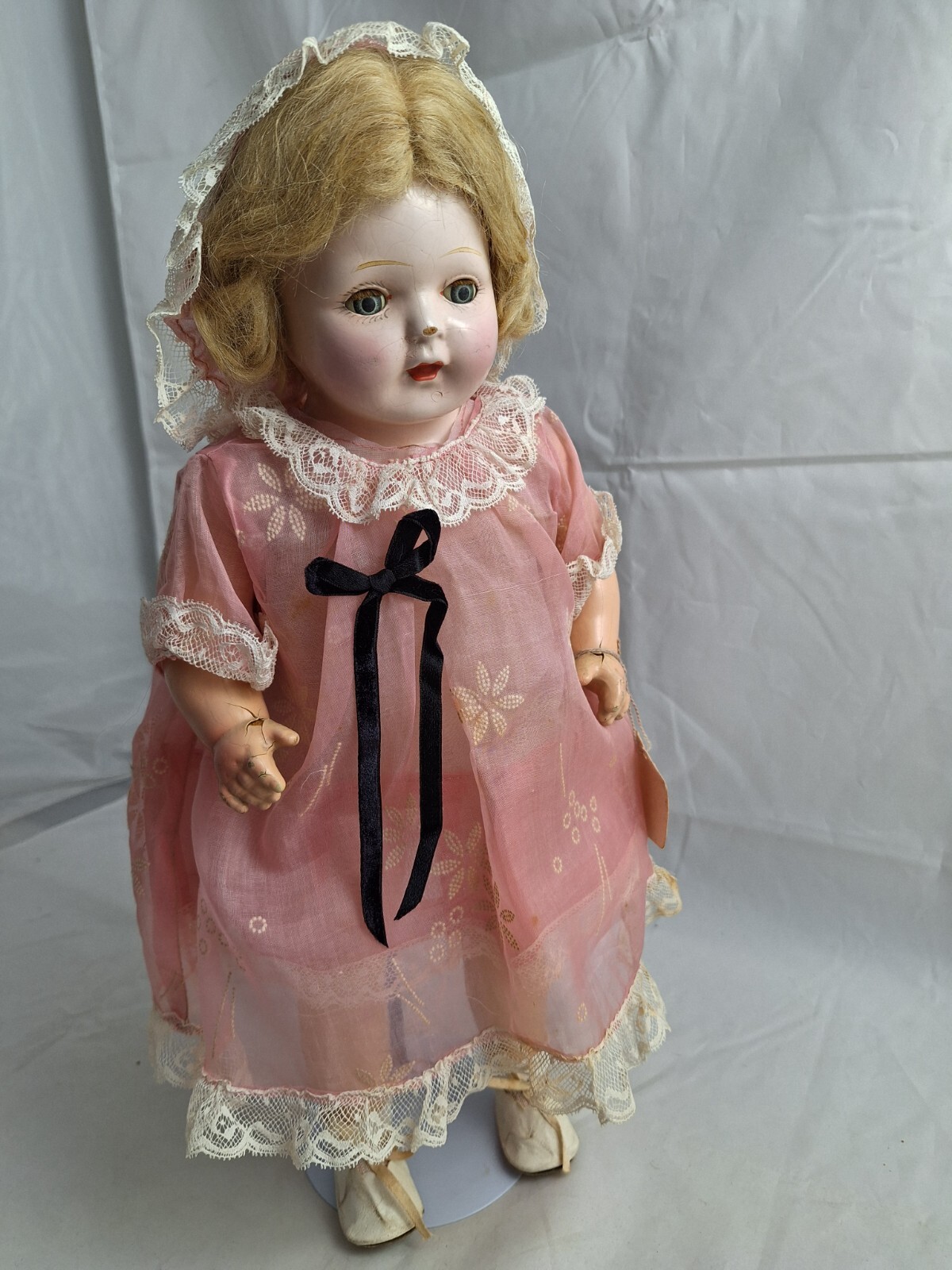 Antique 16” Composition Mama Doll Tin Eyes Old Clothes + Mohair Wig 1910s-1920s