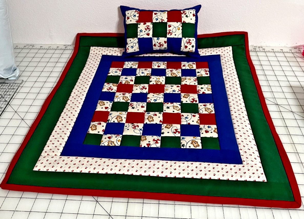 Gingerbread Handmade 2 Pc Doll Bedding Set – Patchwork Quilt & Pillow Cotton New