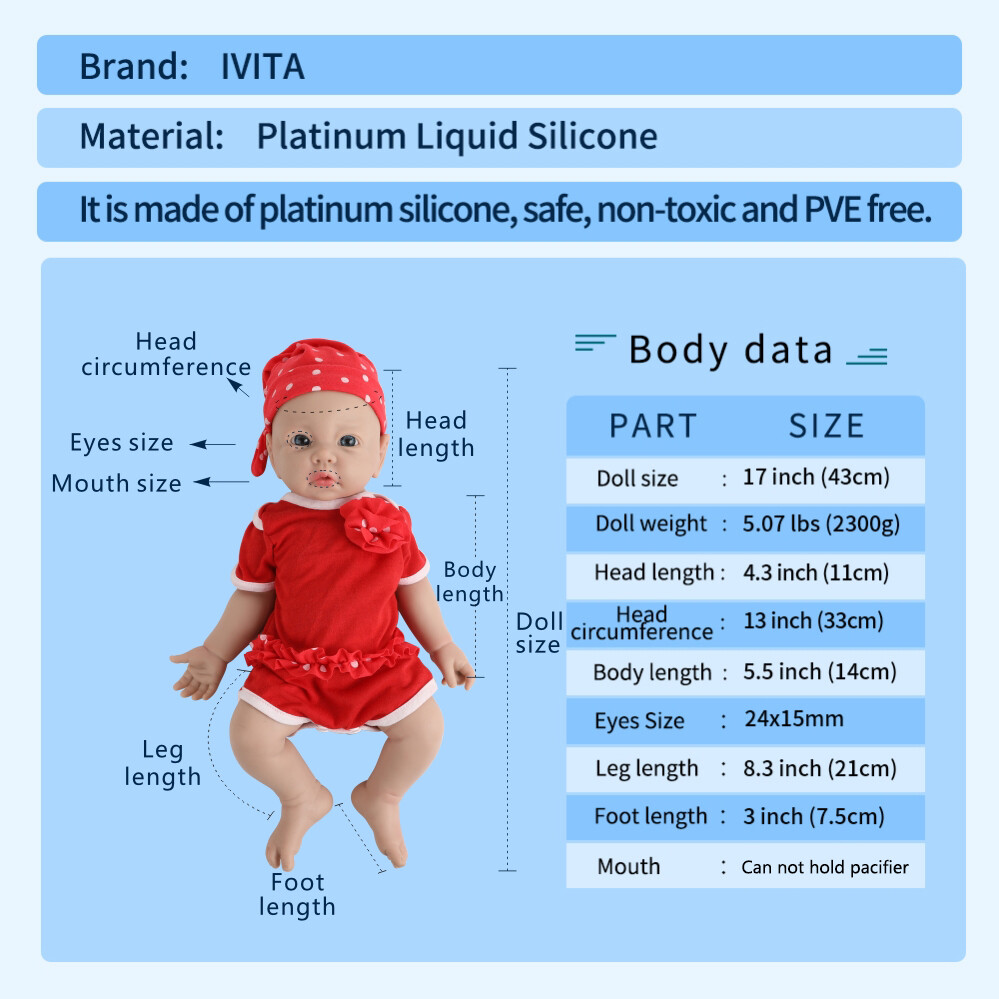 IVITA 17” Soft Silicone Reborn Baby Doll Realistic Girl Fullbody Silicone Doll