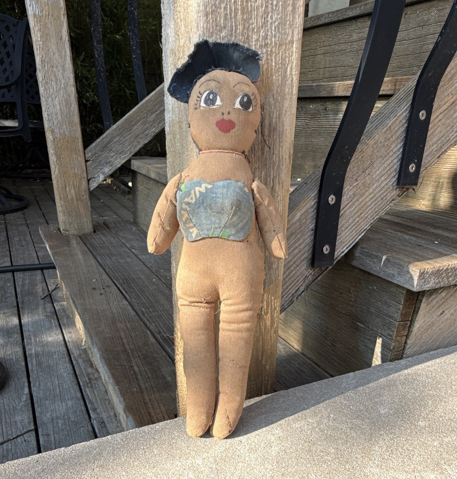 Vintage Rag & Cloth Doll, Hand Painted Face, Medium Dark, with Denim Hair / Hat