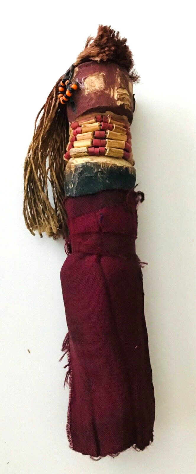 Primitive Carved Wood Scary Doll Beads Long String Hair Cloth Dress 8″