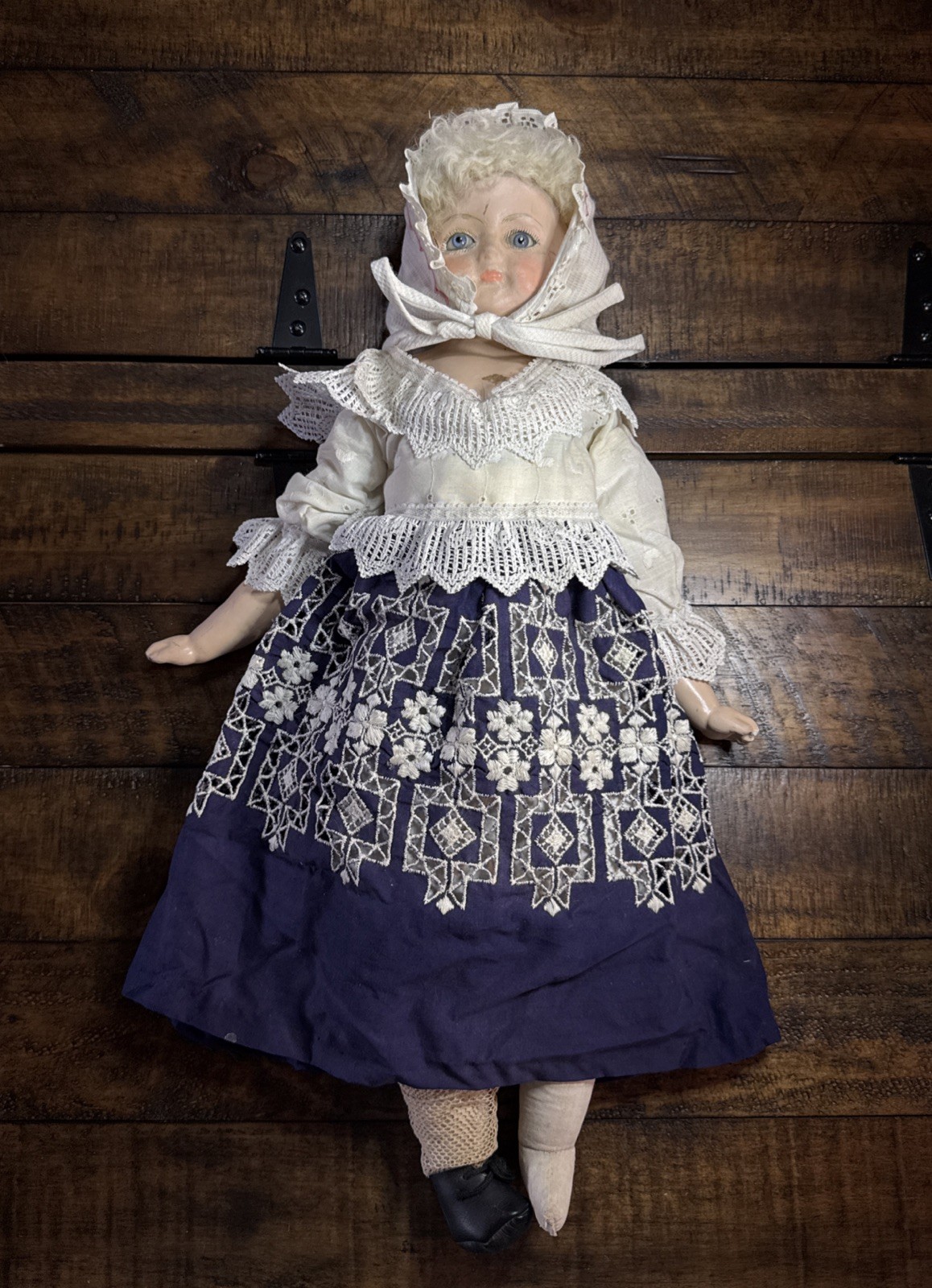 23″ ANTIQUE DOLL German ALL BISQUE Glass Eyes MOLDED CLOTHES Skin WIG UNUSUAL