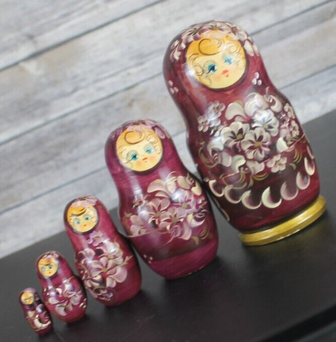 Wooden Nesting Dolls Set of 5 Girls in Red Burgundy Dress 5.5 Inches Tall Blonde