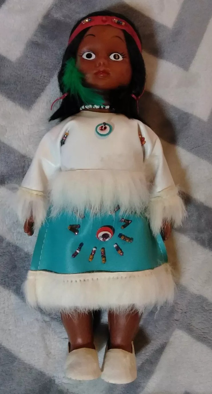 NATIVE AMERICAN INDIAN PLASTIC DOLL – Blue Beaded Dress Vtg 11 inches tall