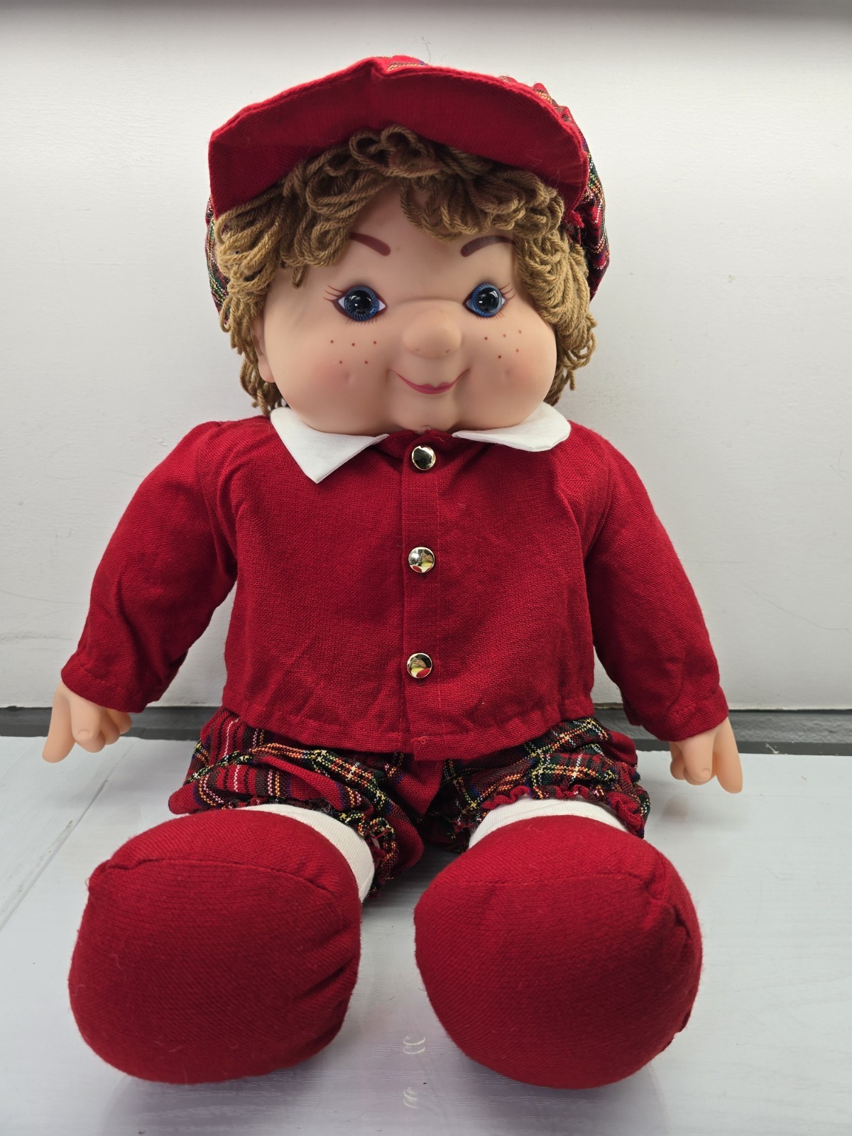 Handmade Large Soft Body Doll, Vintage 22″ Doll In Red Plaid Outfit W/ Hat, New