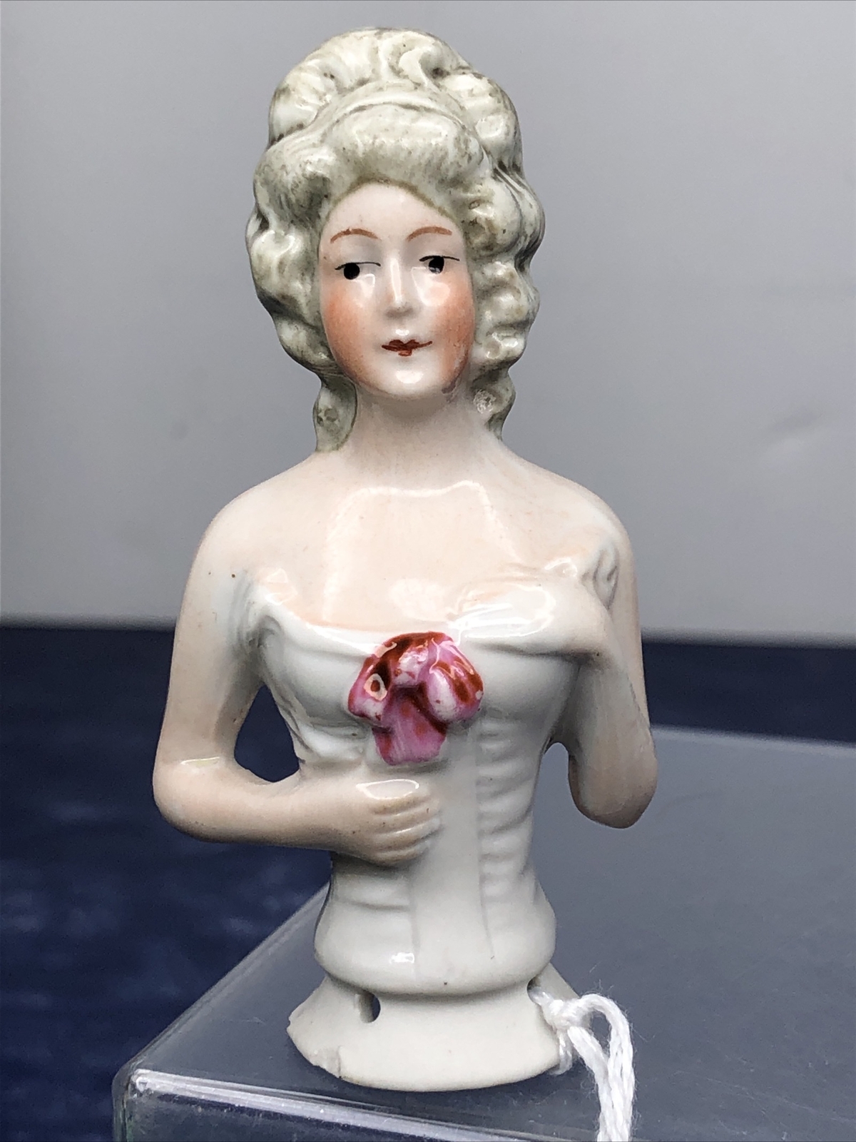 3” Antique German Bisque Half 1/2 Doll Lady 5559 Gray Hair W/ Bow Corset #CC