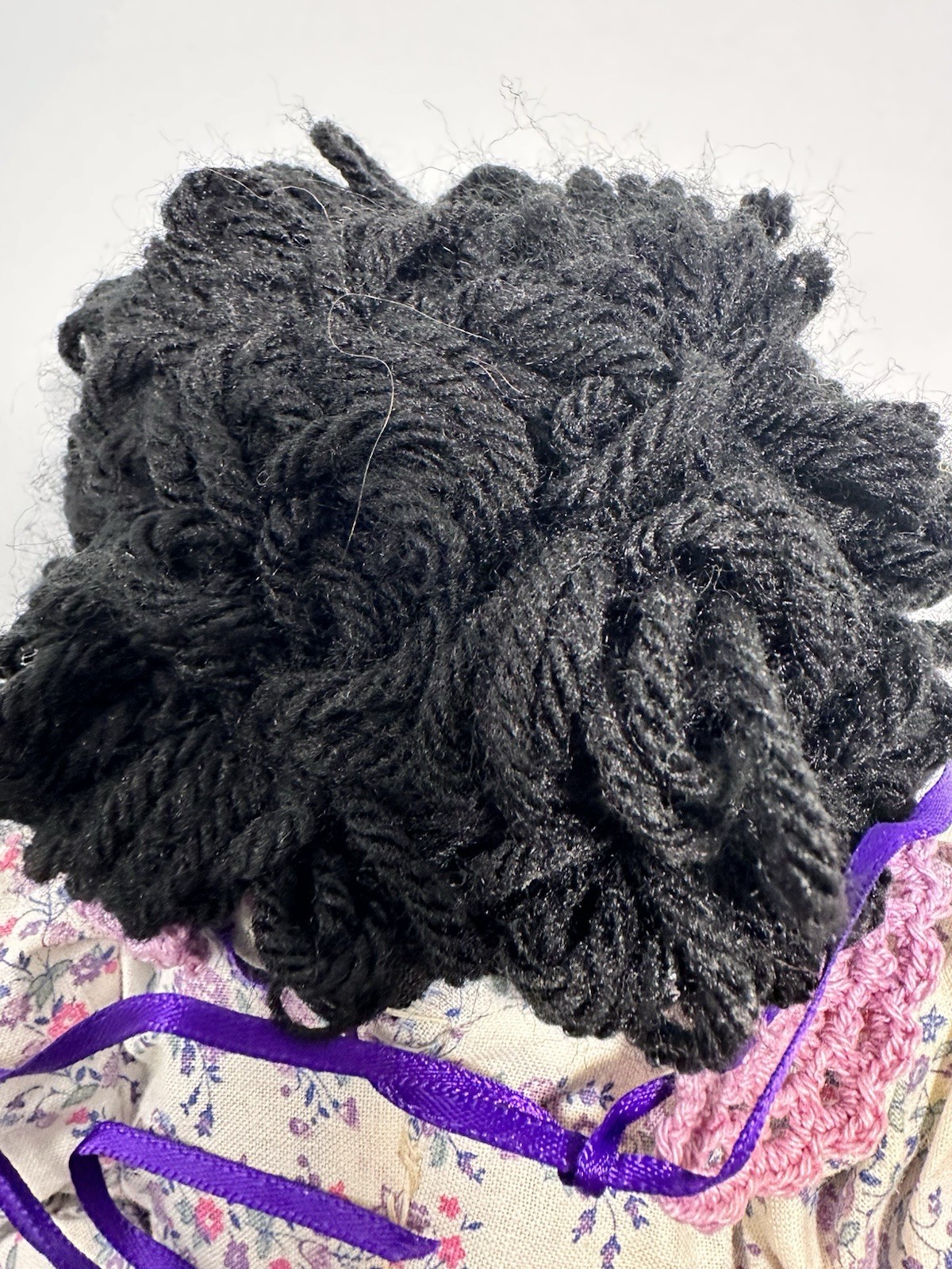Vintage Handmade Black Cloth Rag Doll Yarn Hair Floral Dress Folk Art