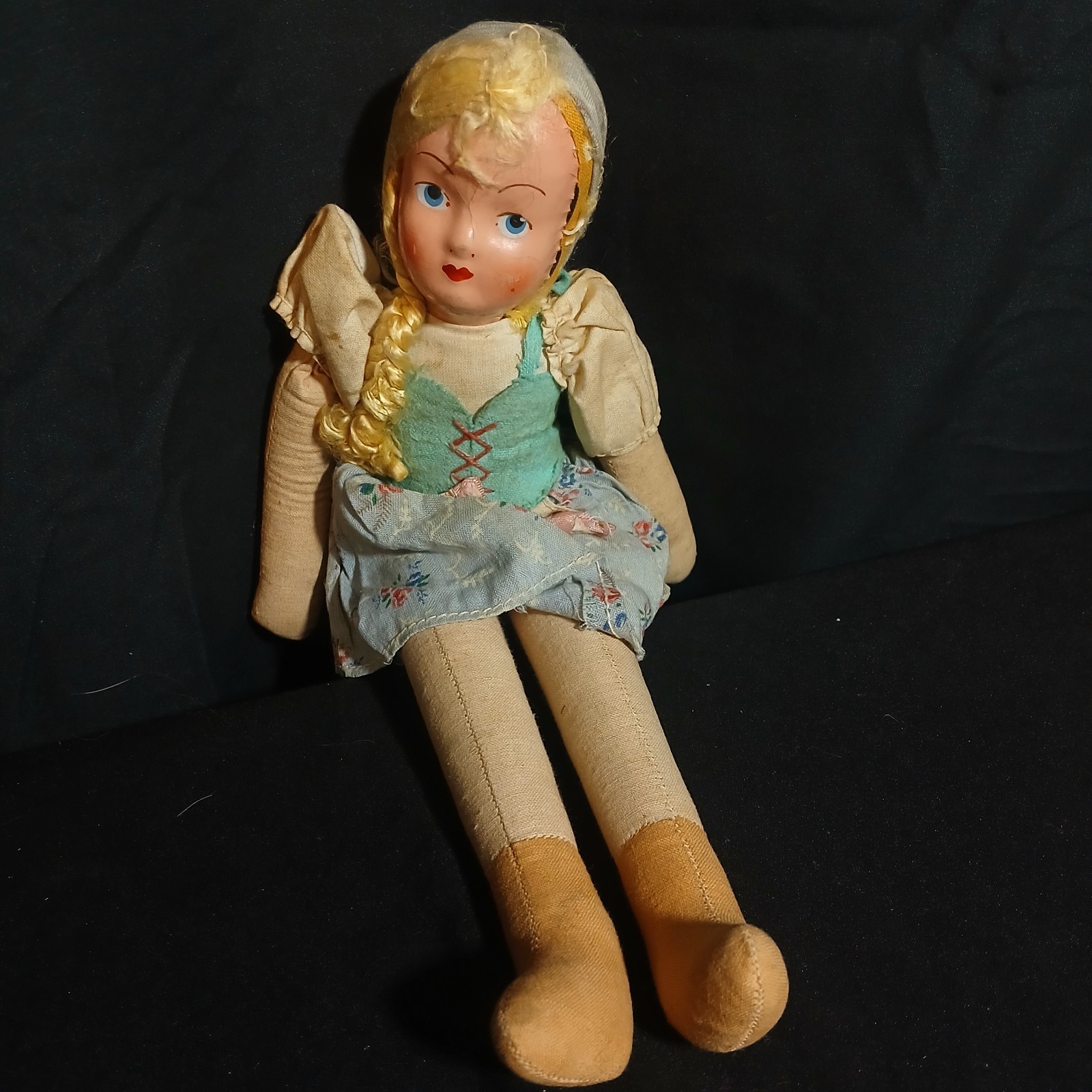 Antique Poland Rag Doll 1930’s or 1940’s Painted Face 11.5”