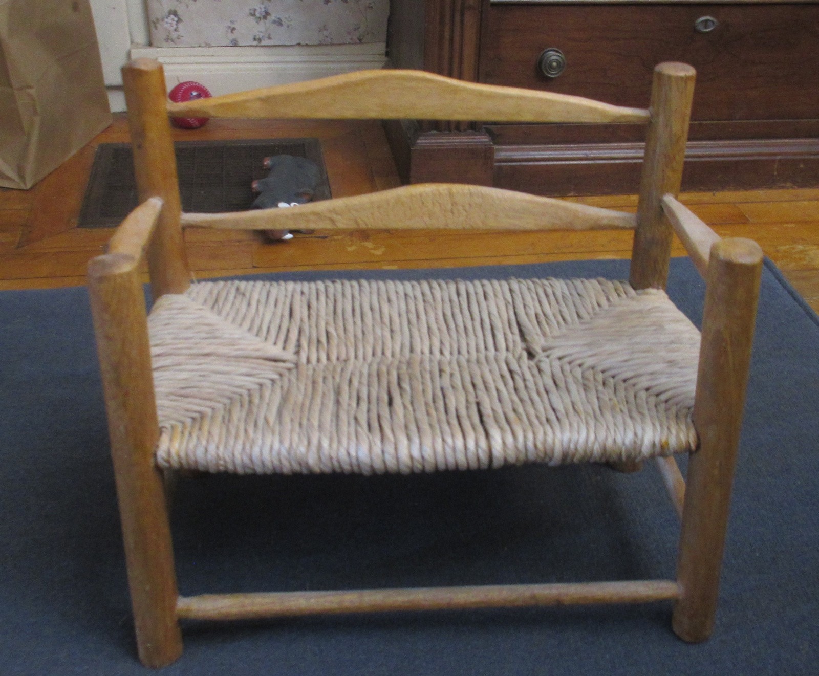 Vintage Doll American Girl Wooden Double Chair Arms Woven Rush Seat 7½” h sjc