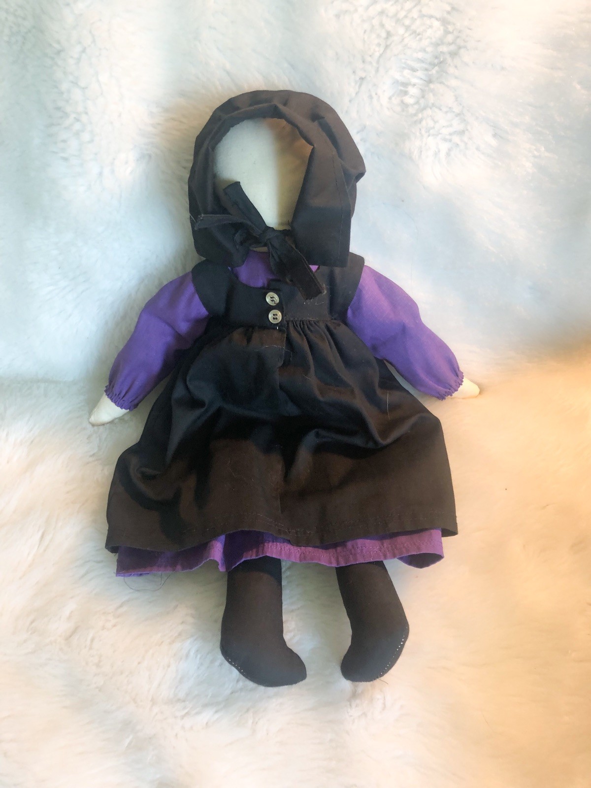 Traditional Amish Girl Soft Cloth Doll Faceless Bonnet Folk Art Purple Black 15″