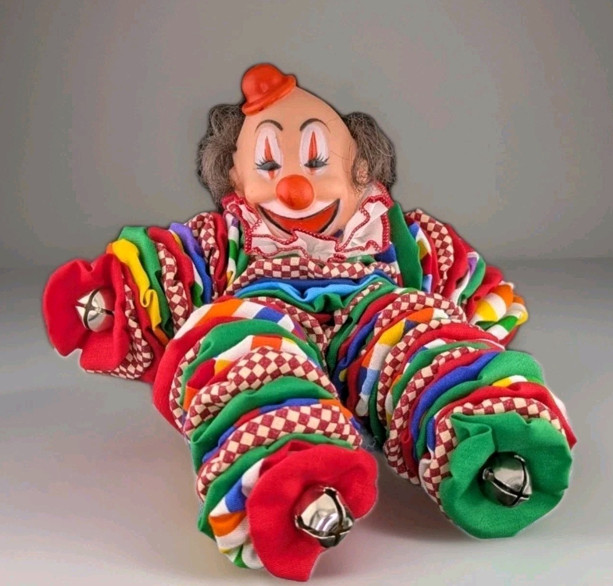 Vintage Quilt Fabric Yoyo Clown Doll Plastic Head 1960’s Jingle Bells Handmade