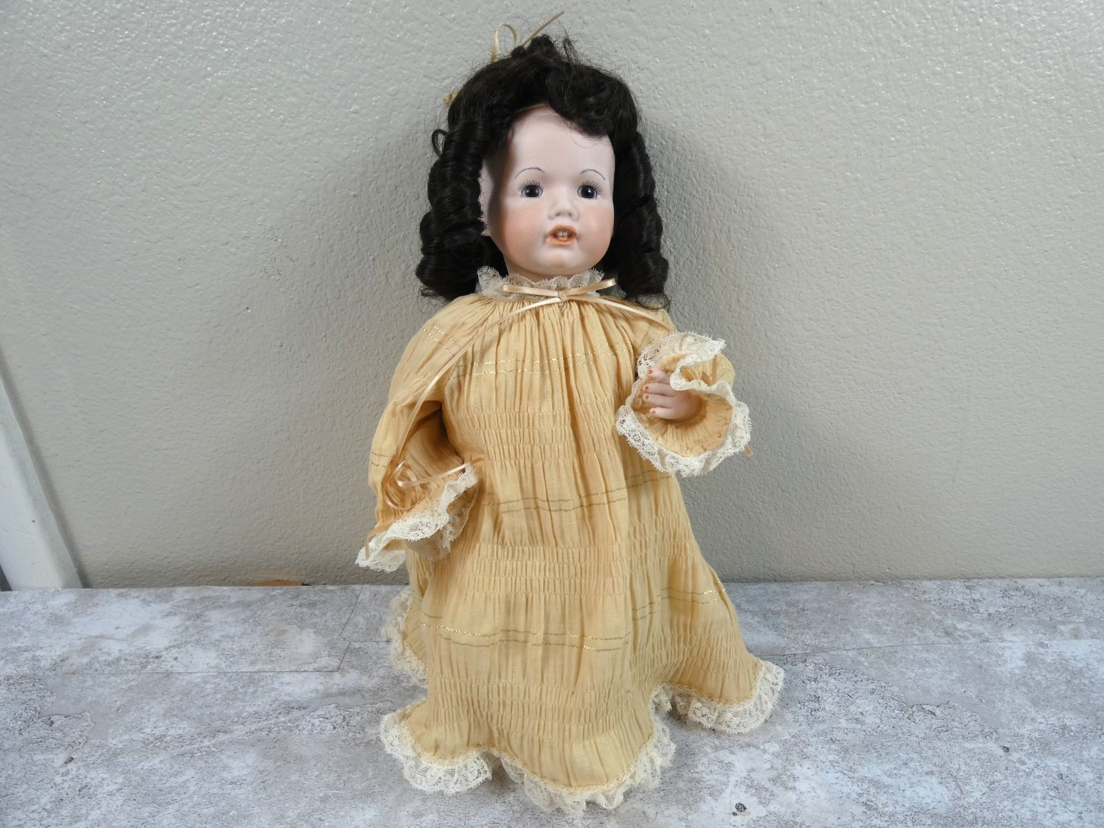 Boyed Porcelain Bisque Jointed Baby Doll Hilda Curly Wig Yellow Dress