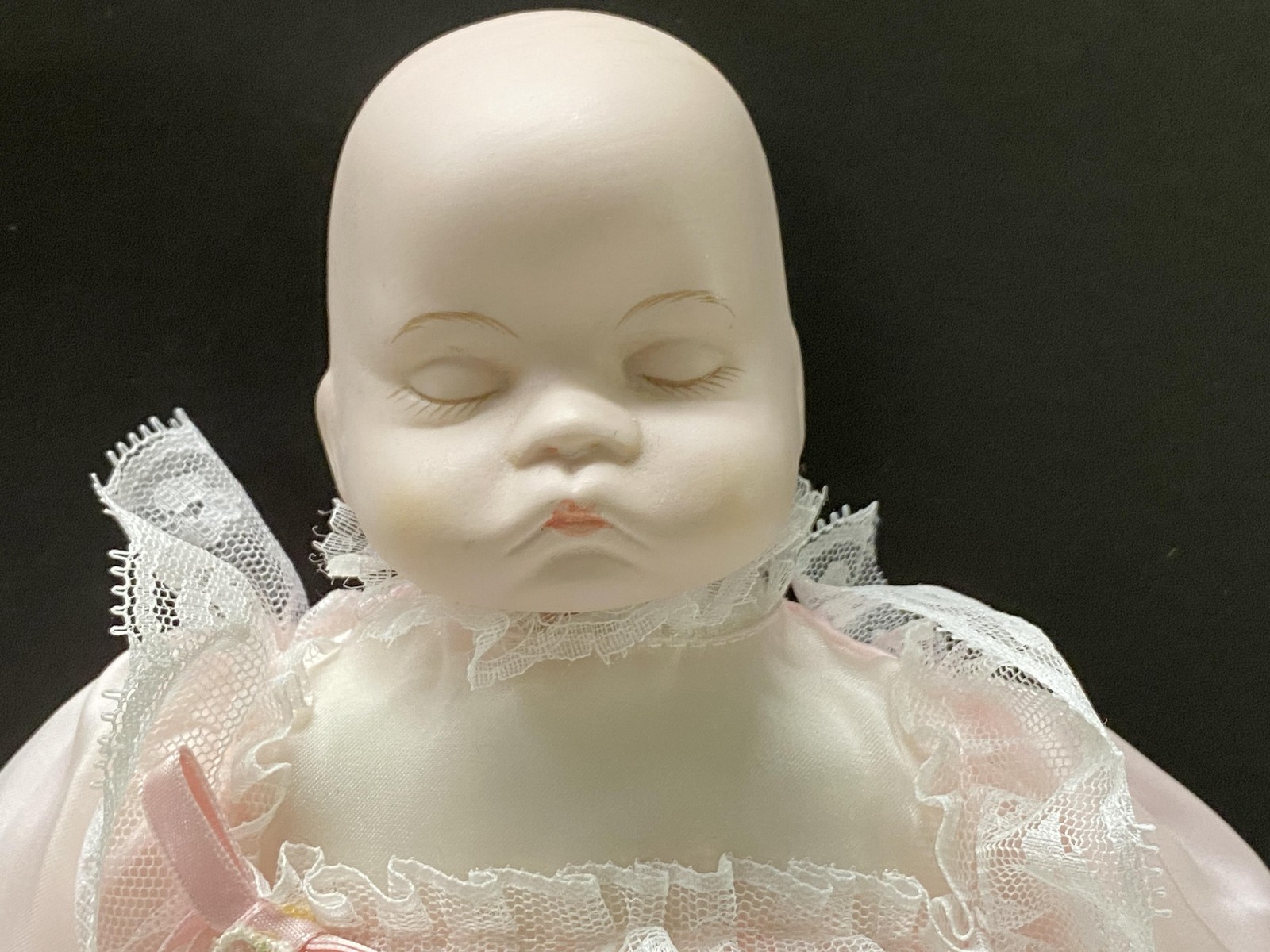 Porcelain Baby Doll Sleeping Closed Eyes Pink Satin Lace Christening Gown Bisque