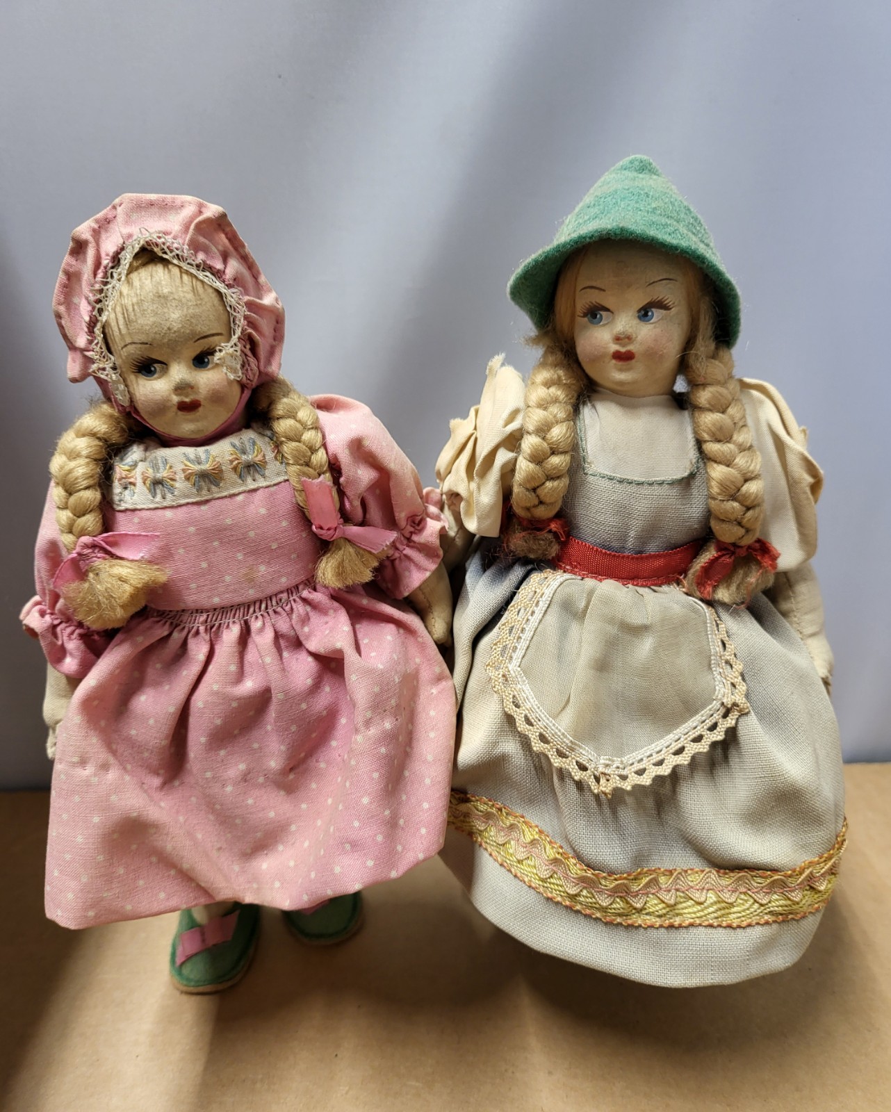 Two Antique Fabric Dolls With Hand Painted Face Possibly German