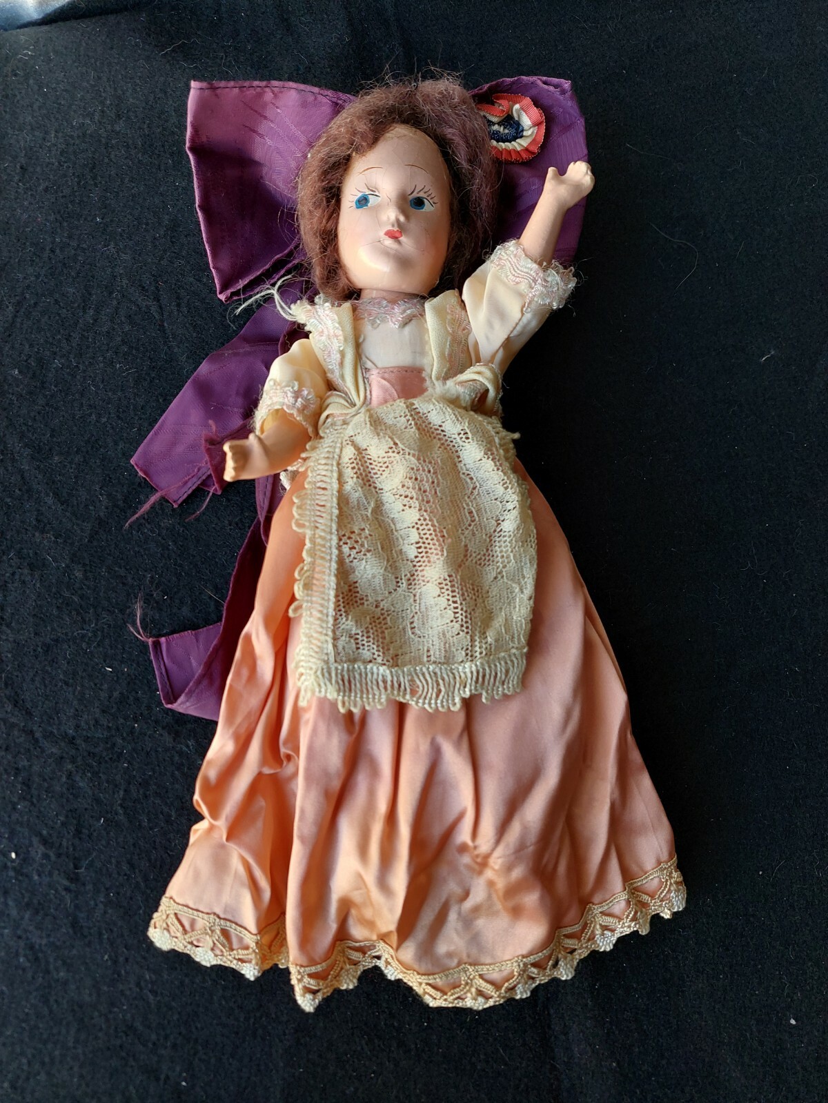 1940’S COMPOSITION DOLL. COQUETTE BLUE PAINTED EYES, 11″. JUNEL, OLD WORLD DOLL?