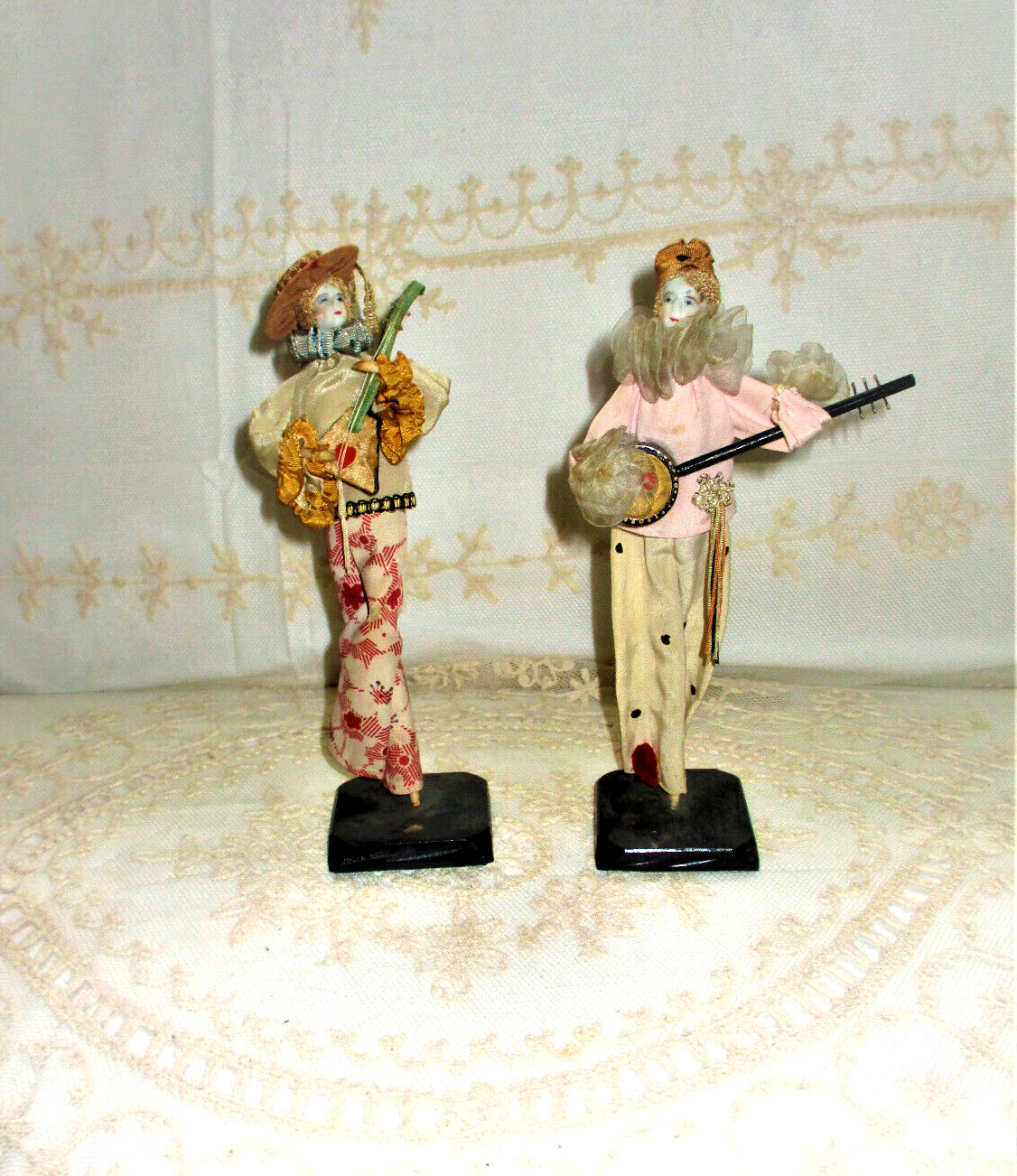Antique 1920 Rare French Minstrel Boudoir Bisque Poseable 8.5″ Dolls / Wood Base