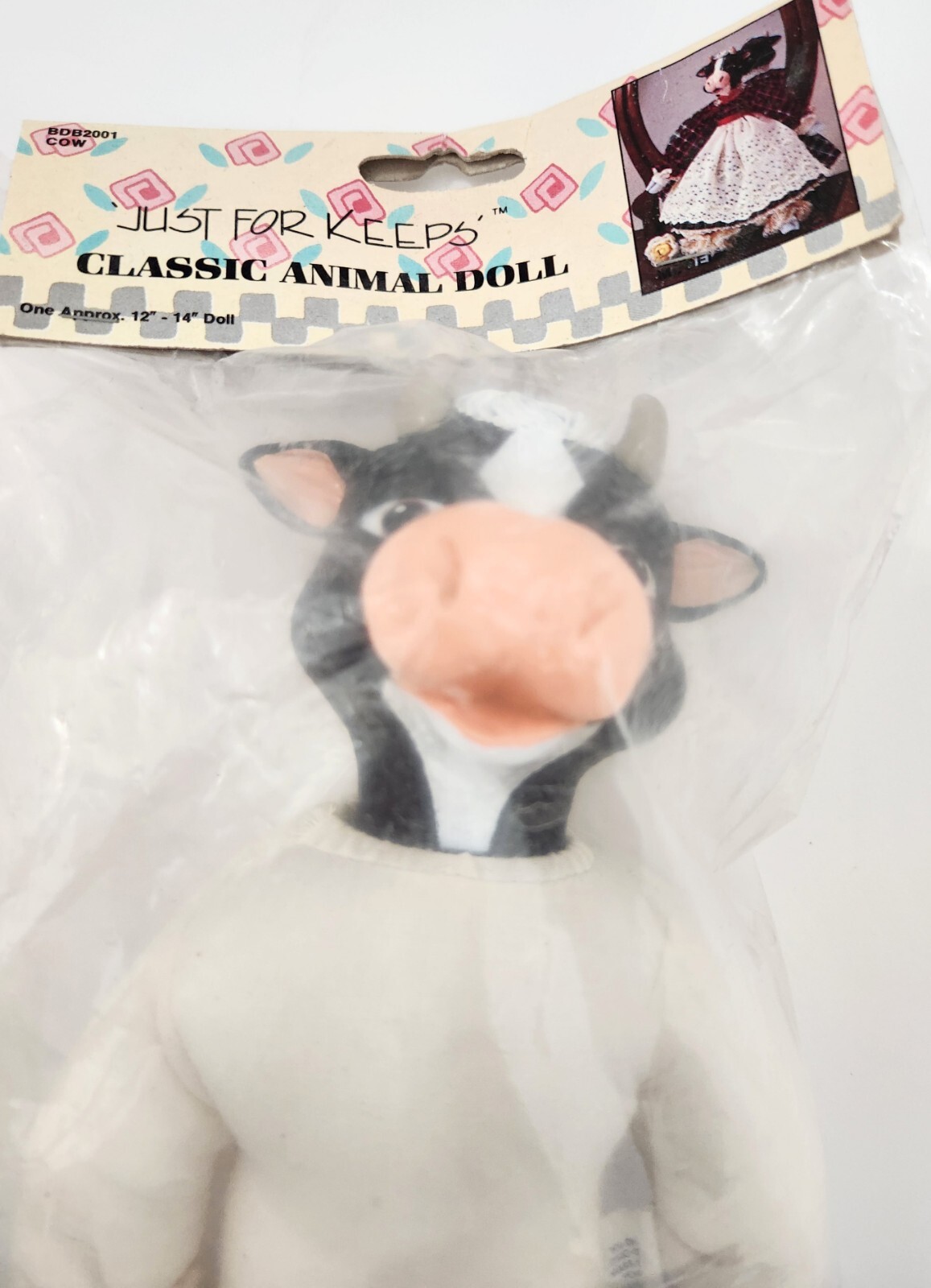 Vintage Just For Keeps Classic Animal Doll Plush Body Black White Cow 14″