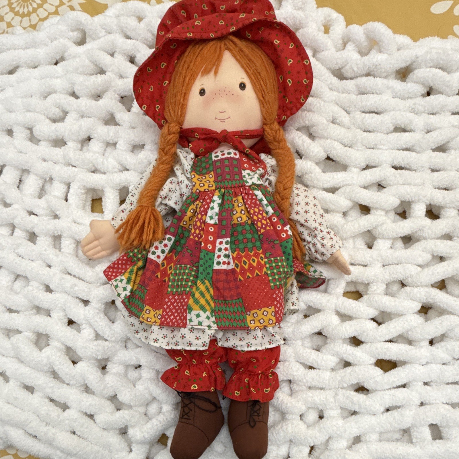 Rag & Cloth Girl Doll Red Braided Yarn Hair Patchwork Dress Bonnet Black Eyes