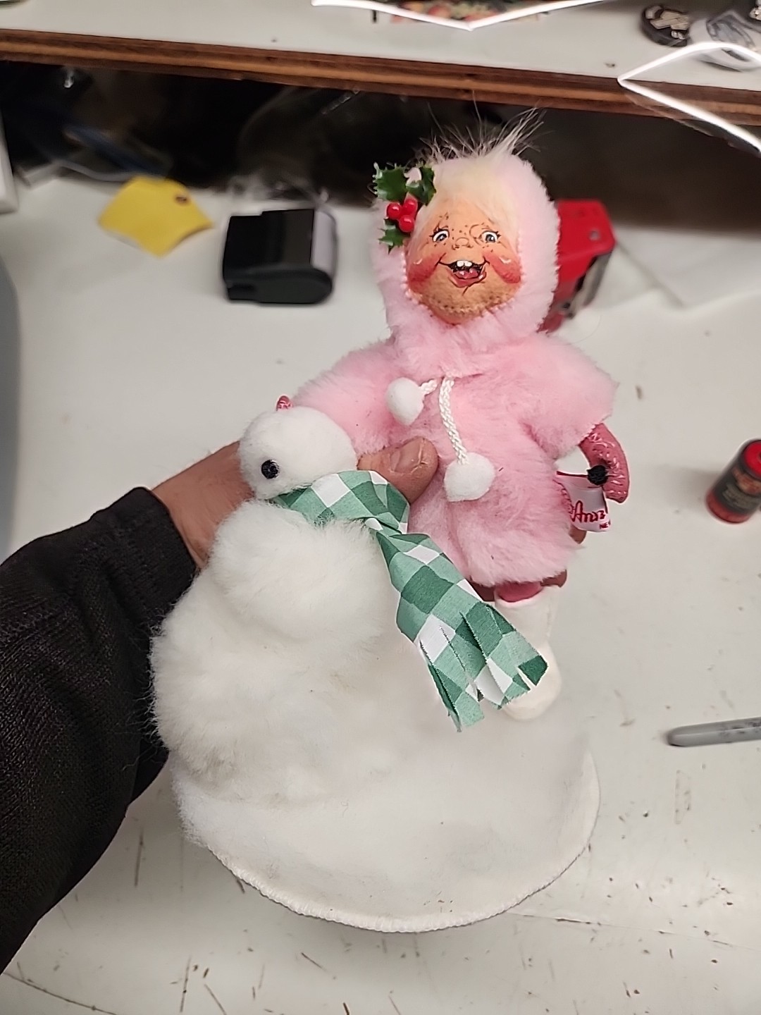 Annalee Doll Girl Building Snowman 1994 Pink Coat Scarf 8 inch