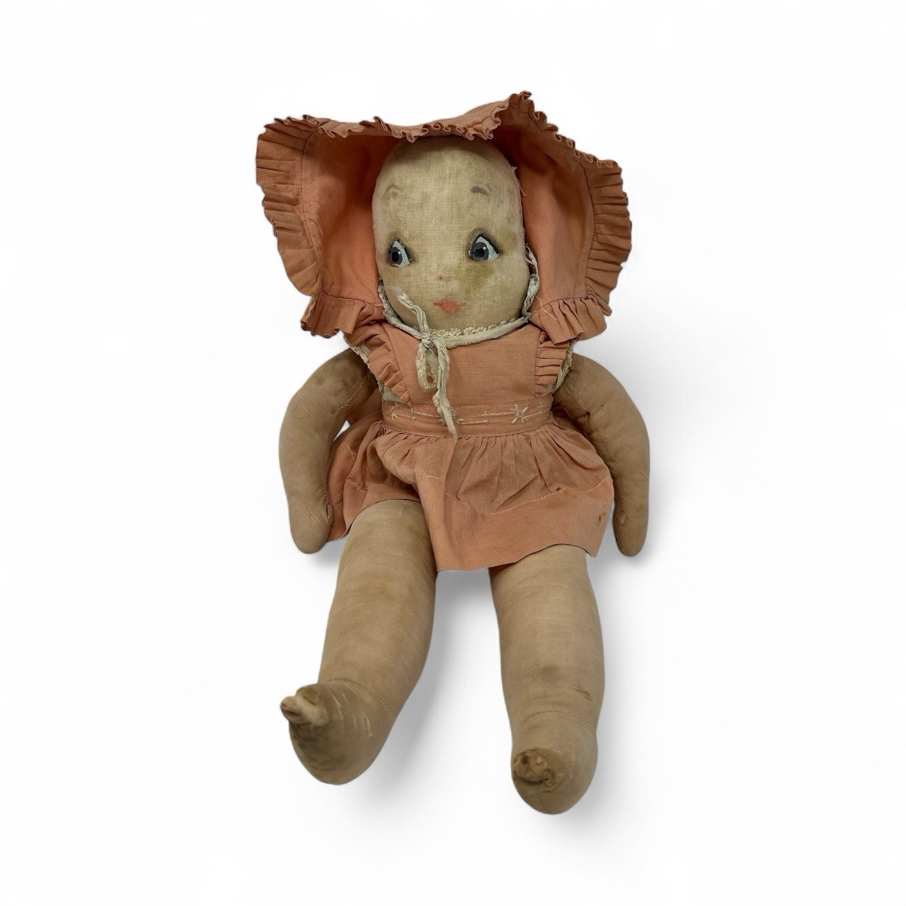 Vintage Homemade Cloth Rag Doll with Yellow Yarn Hair and Embroidered Face 16″