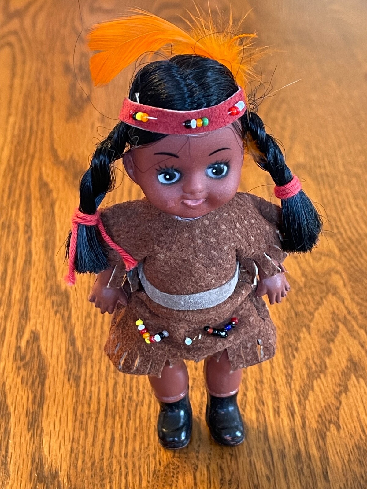 Vintage 1970s American Indian Girl Doll, Hong Kong, Genuine Leather, 5.5 Inches