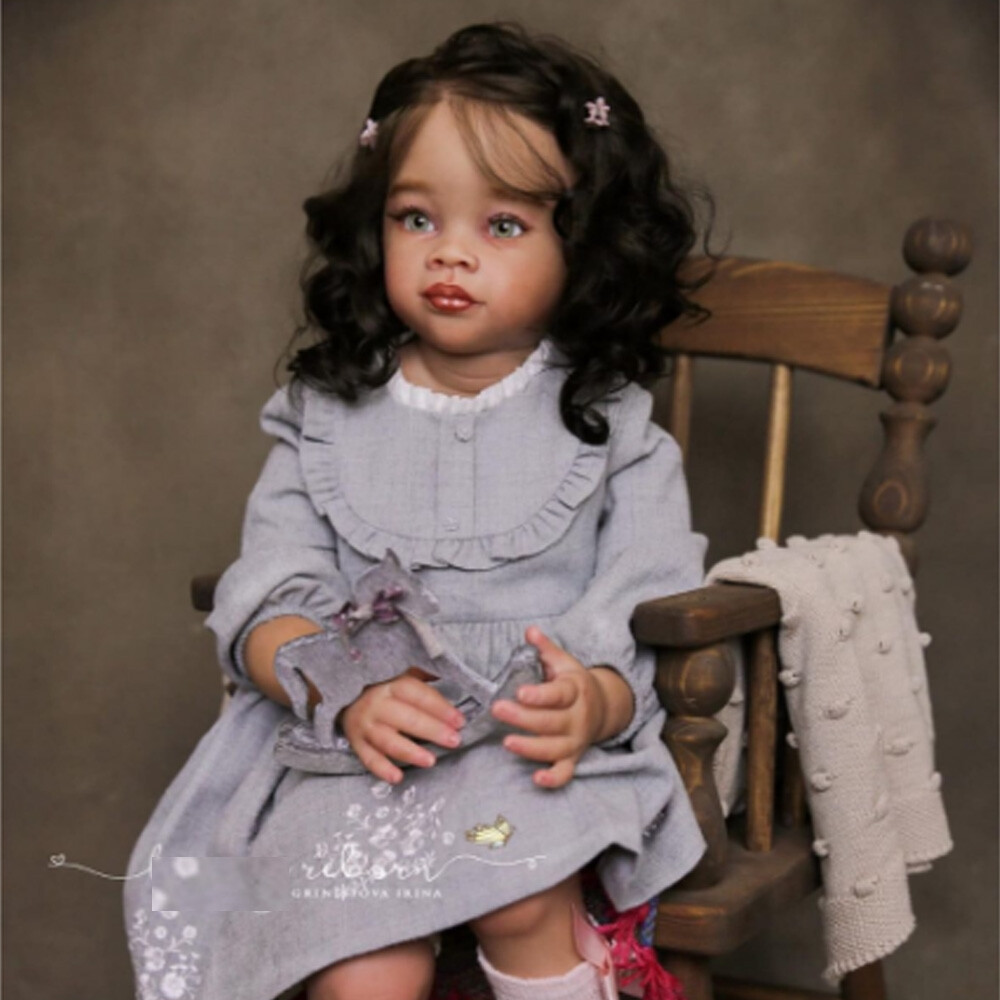 30in Finished Reborn Doll Black Skin Toddler Girl Cloth Body Curly Hair Handmade