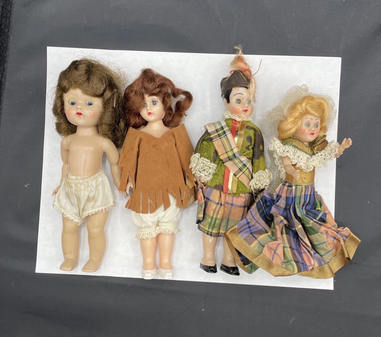 Vtg Lot 4 Miscellaneous Small Dolls For Parts Repair Eyes Costume Arms Legs Move