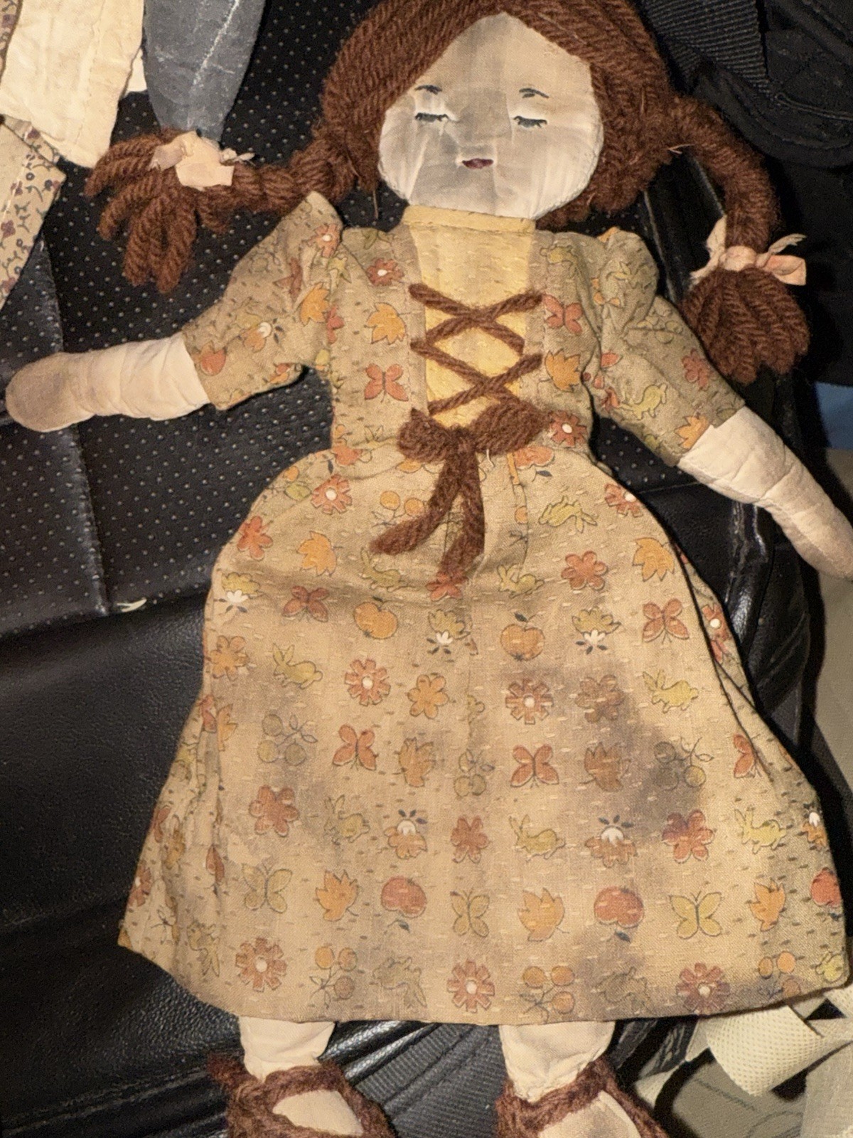 Handmade Girl Rag & Cloth Doll Brown Yarn Hair Floral Dress Light