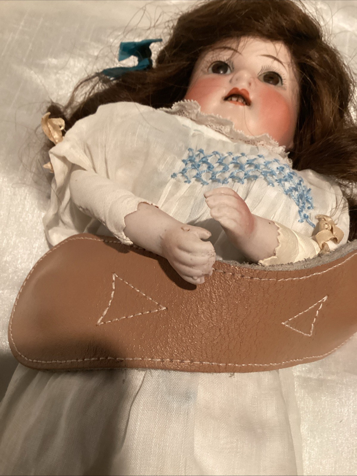 Vintage Germany Bisque Head Doll Leather Jointed Body 14”