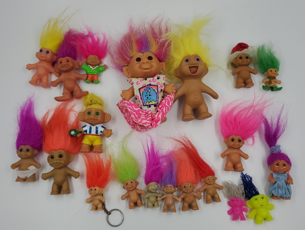 Lot of 10 Vintage Troll Dolls Various Sizes, Russ, Pencil Toppers, Keychain, etc