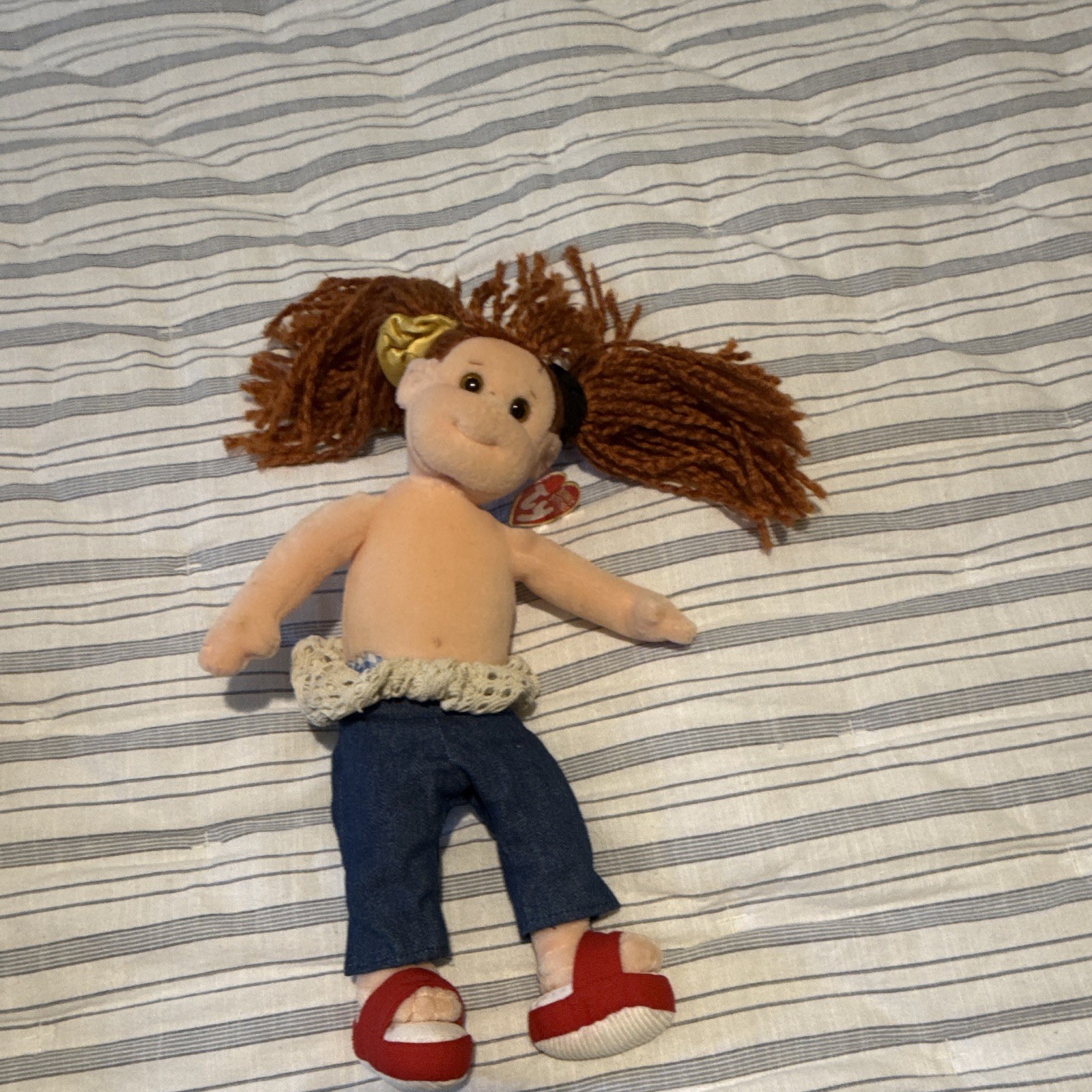 Ty Beanie Boppers 10in Rag Cloth Girl Doll Red Pigtails Jeans Removable