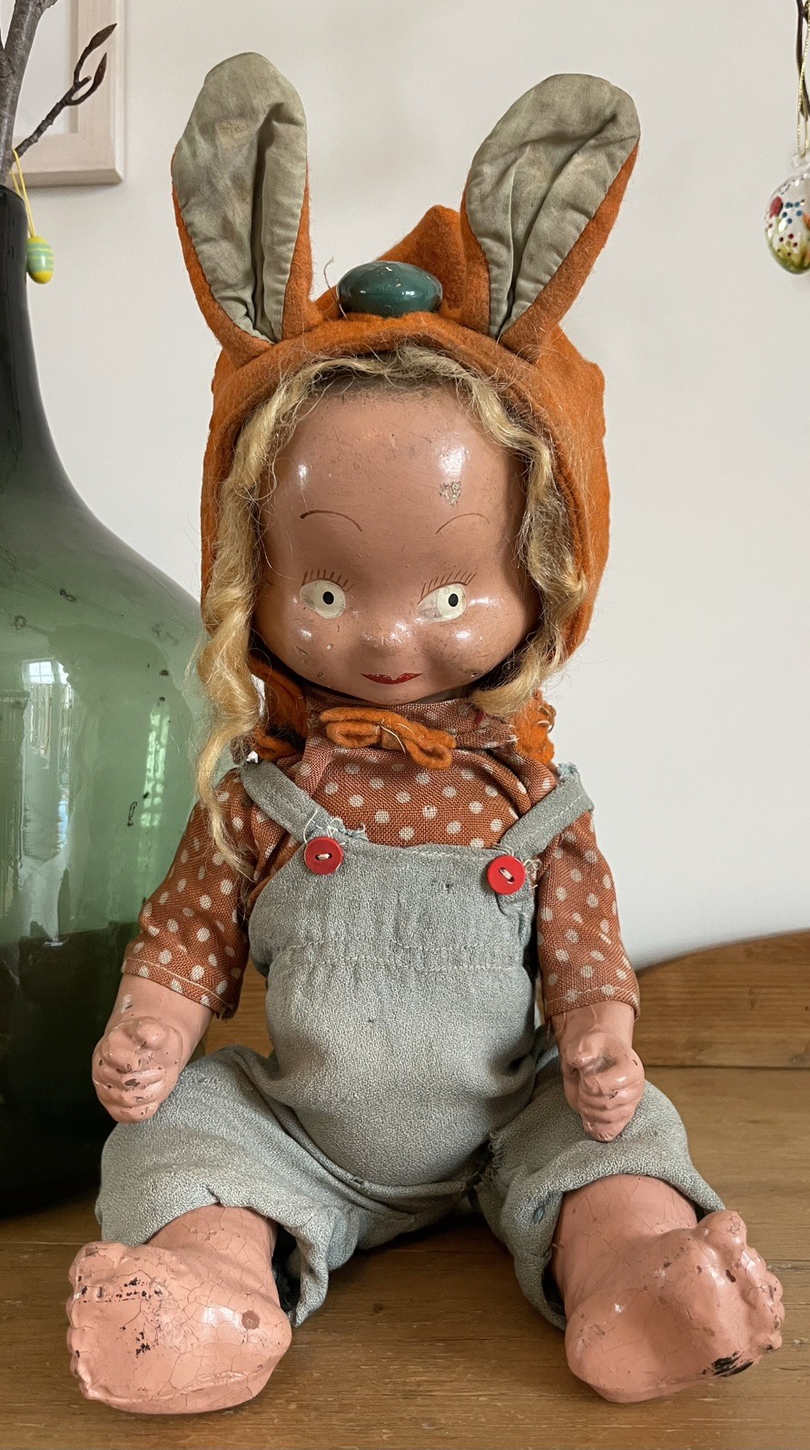 Rare Antique Vintage Three Faced Composition Bunny Doll W/ Rotating Head C.1930s
